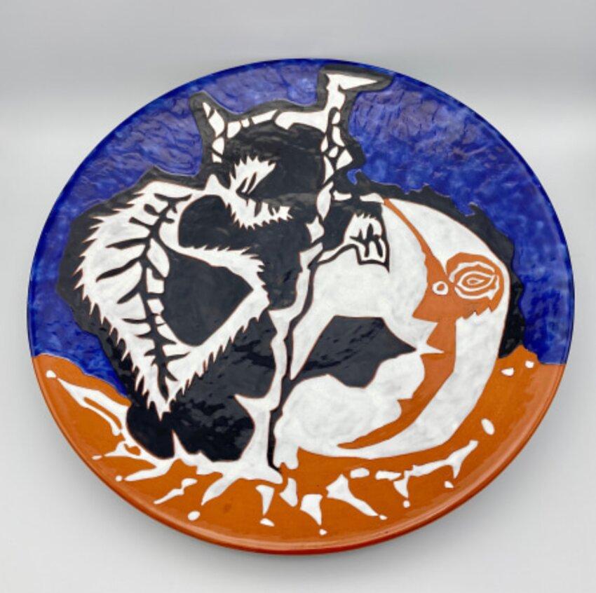 Enameled Important Blue, Black, White, Brown Platter, for Sant-Vicens by Jean Lurçat For Sale