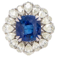 IDL Certified Blue Sapphire Ring With Pear Diamond Halo 9.85 Carats 18K Gold