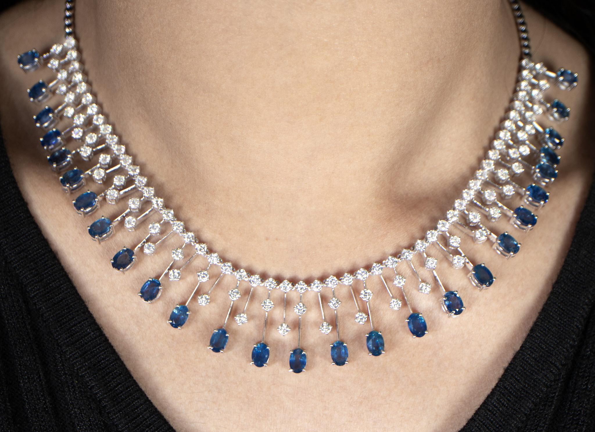 It comes with the Gemological Appraisal by GIA GG/AJP
All Gemstones are Natural
Blue Sapphires = 16.85 Carats
Diamonds = 6.95 Carats
Metal: 18K White Gold
Necklace Length: 16 inches
Necklace Width: 0.85 inches