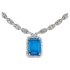 Important Blue Topaz Necklace With Diamonds 27.34 Carats 18K White Gold