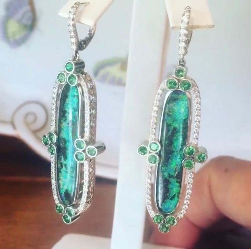 Important Boulder Opal, Green Garnet, Diamond Earrings In New Condition In Morristown, NJ