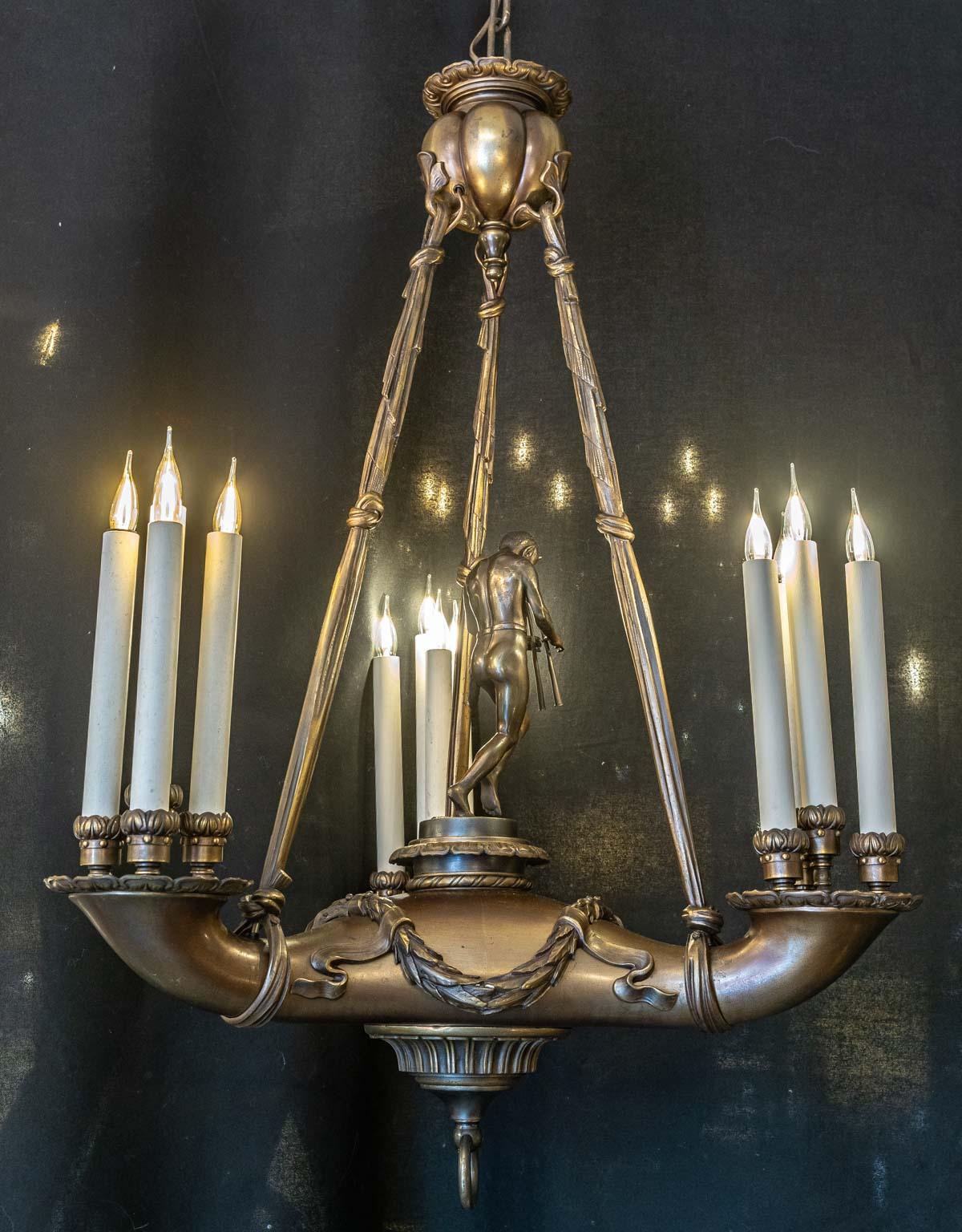 Empire Important Bronze Chandelier with Flute Form For Sale