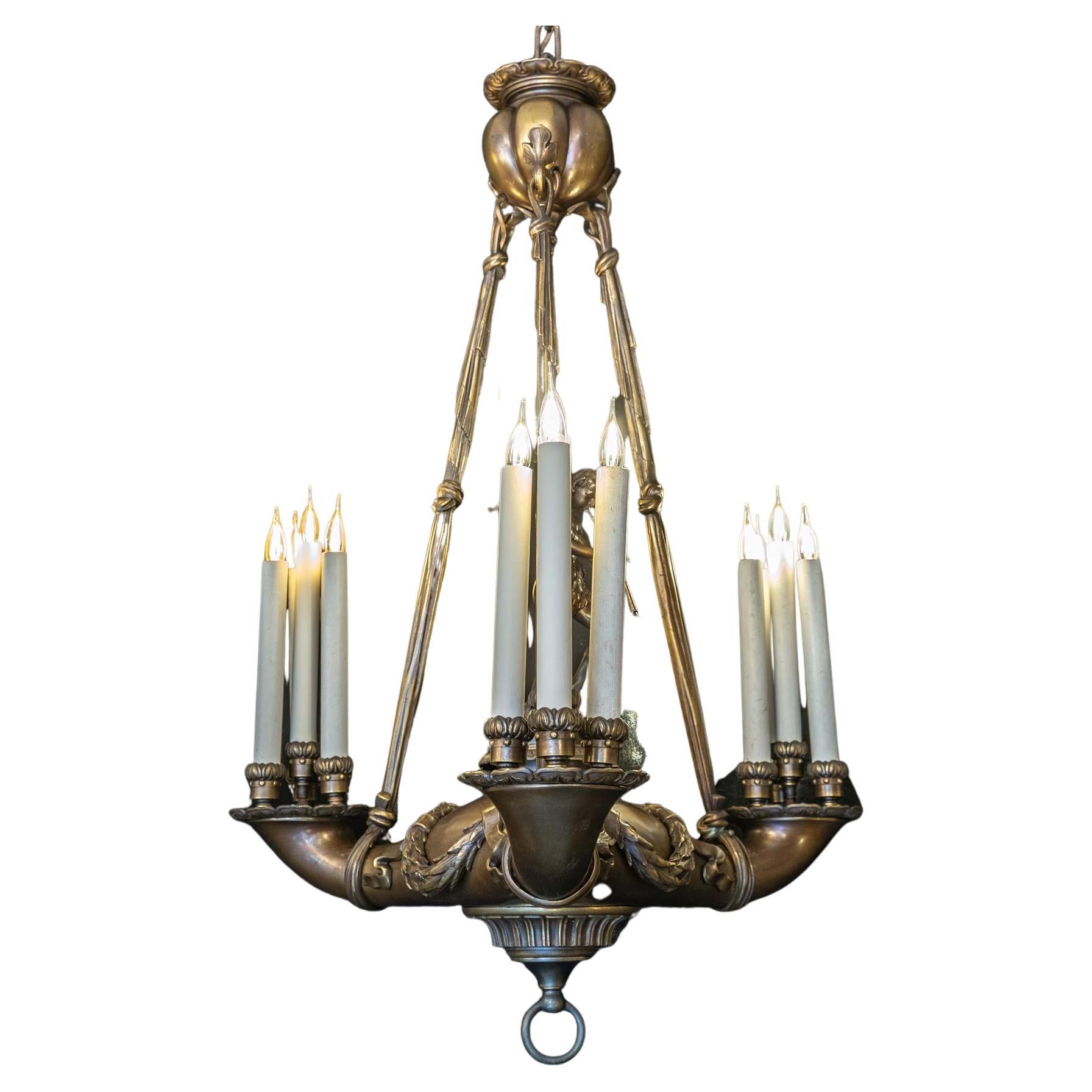 Important Bronze Chandelier with Flute Form For Sale