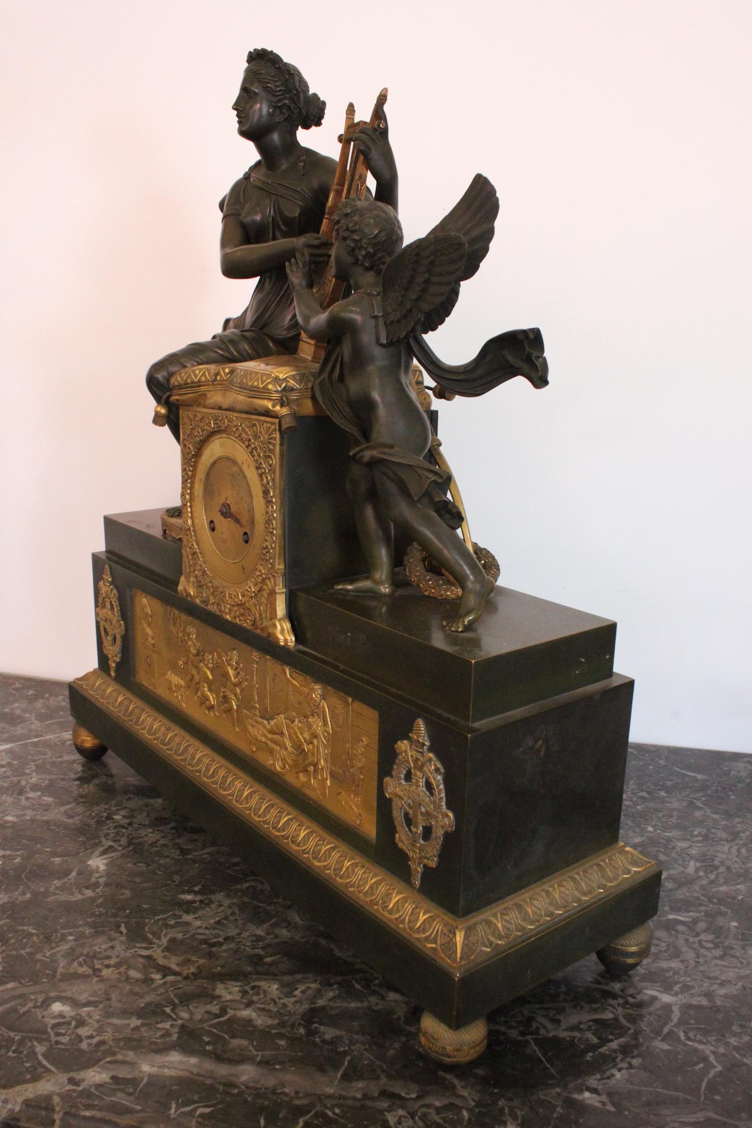 French Important Bronze Clock from Empire Time or Restoration, 19th Century