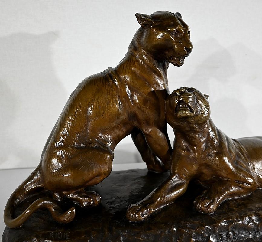 Bedeutendes Bronzeskulpturenpaar mit Löwinnen, von L. Riché - Anfang 20. im Zustand „Gut“ im Angebot in HÉRIC, FR