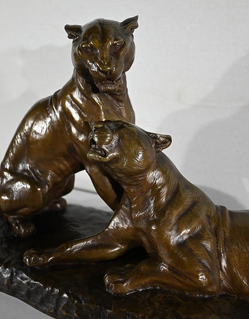 Bedeutendes Bronzeskulpturenpaar mit Löwinnen, von L. Riché - Anfang 20. im Angebot 3