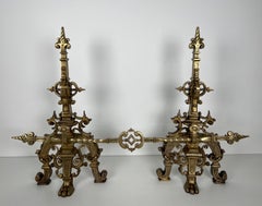 Important Bronze Fireplace Adornment Made of a Pair of Andirons and a Bronze Bar