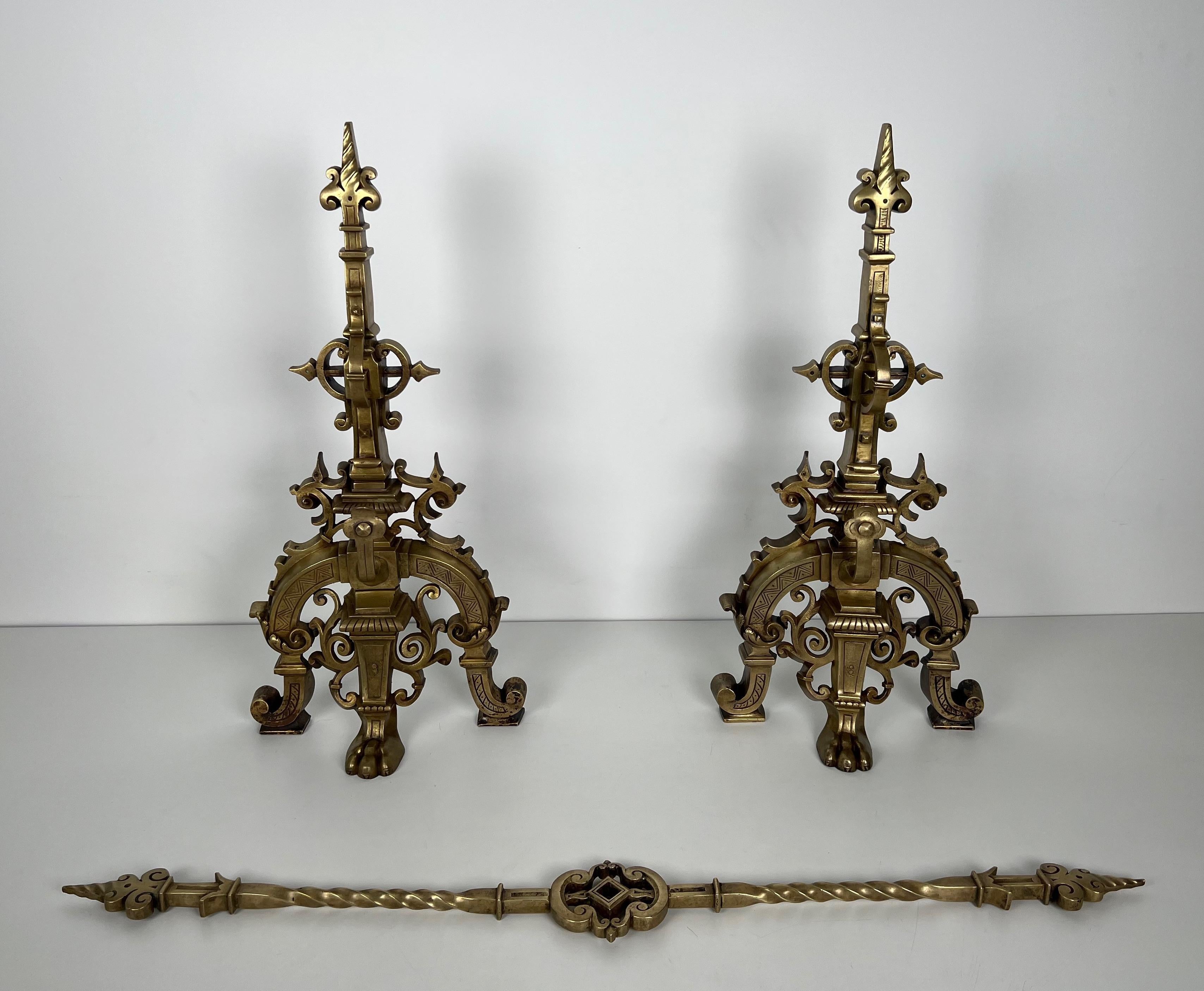 Renaissance Important Bronze Fireplace Adornment Made of a Pair of Andirons and a Bronze Bar For Sale