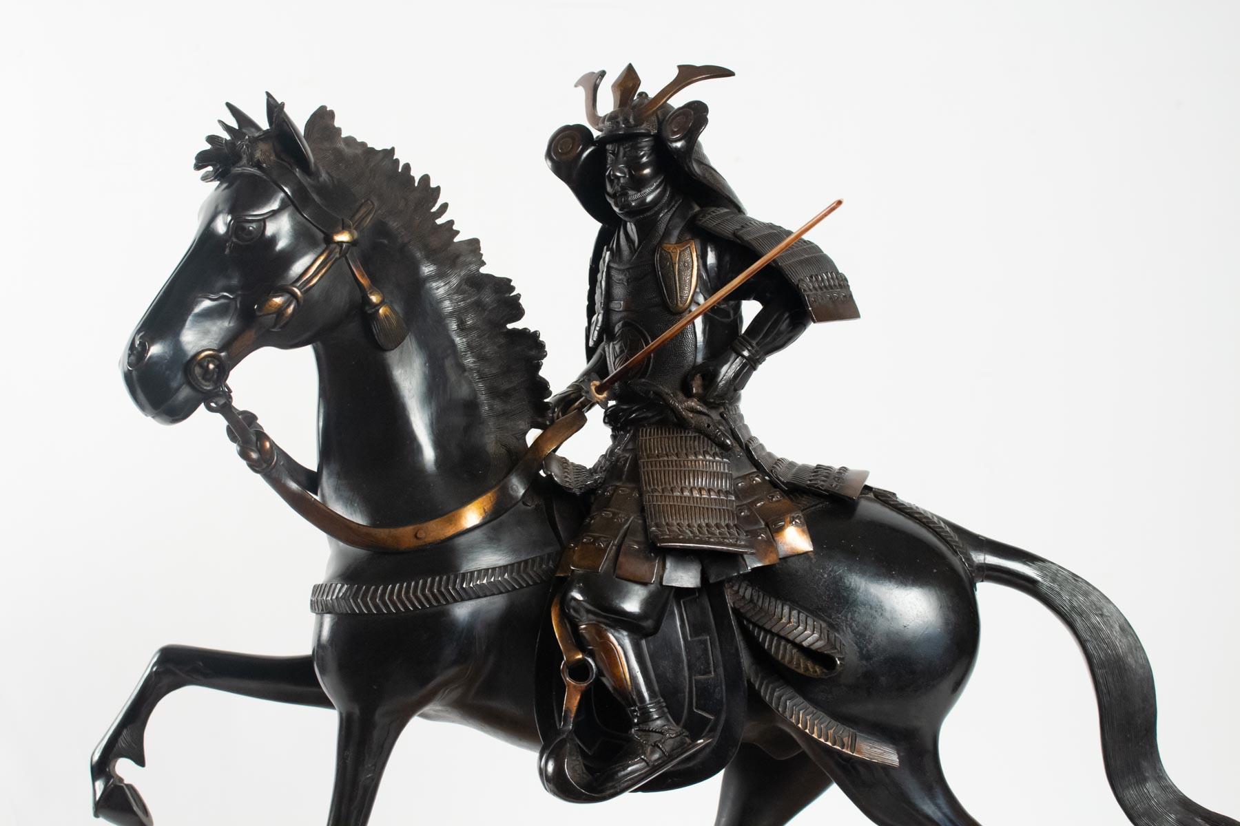 Importante Escultura de Bronce, Samurai, Japón, 1925, Base de Ónice, Desmontable Asiático