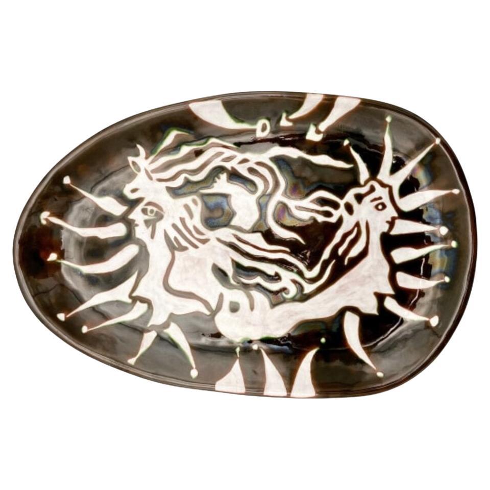 Important Brown, Green ceramic platter, for Sant-Vicens by Jean Lurçat