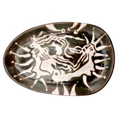 Important Brown, Green ceramic platter, for Sant-Vicens by Jean Lurçat