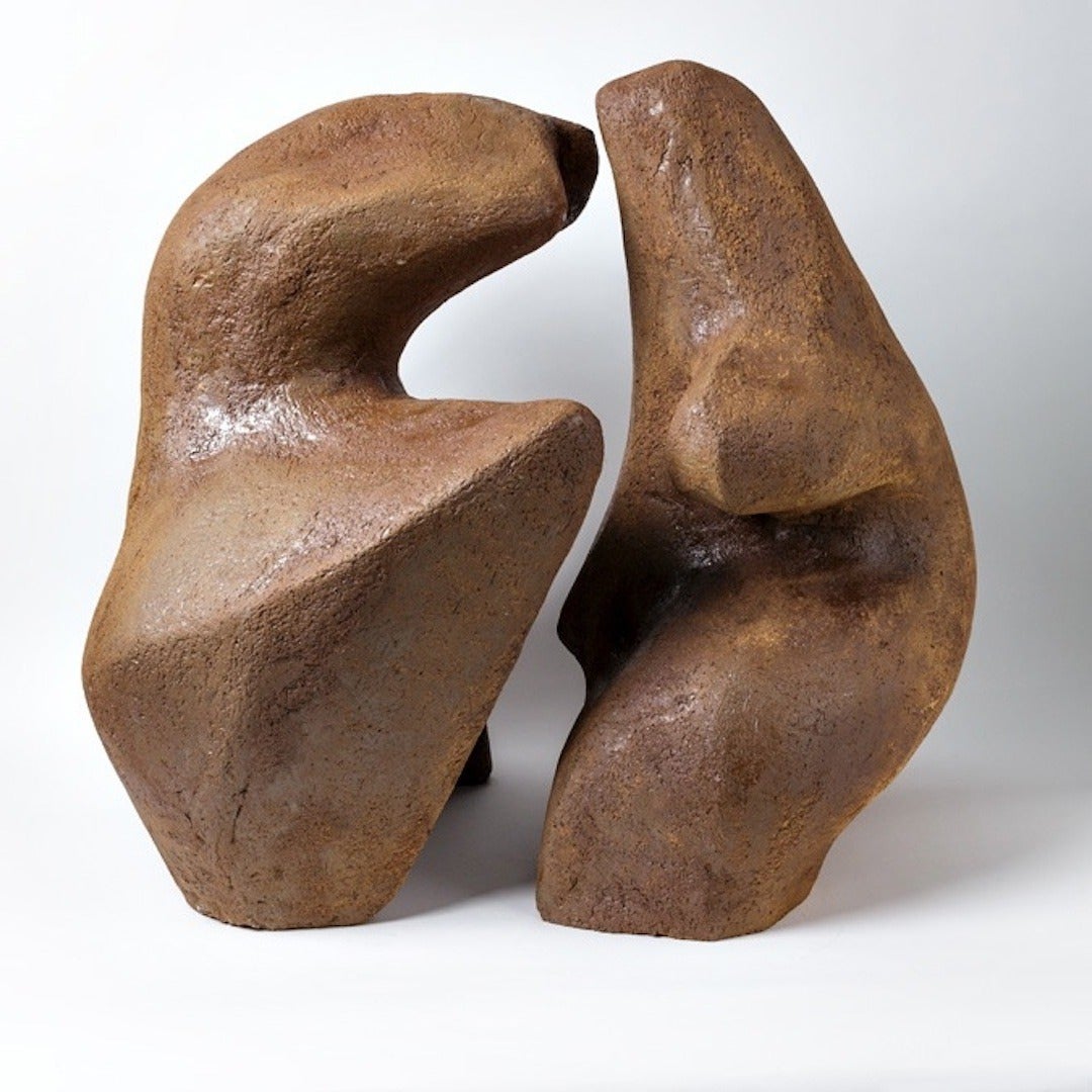 Beaux Arts Important Brown Stoneware Couple of Sculptures by Tim and Jacqueline Orr For Sale