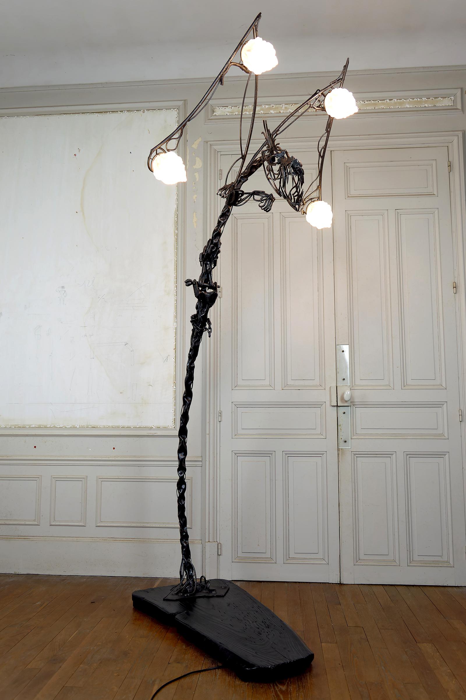French Important Brutalist Sculptural Dragon Lamp in Wrought Iron, France, 1970's For Sale
