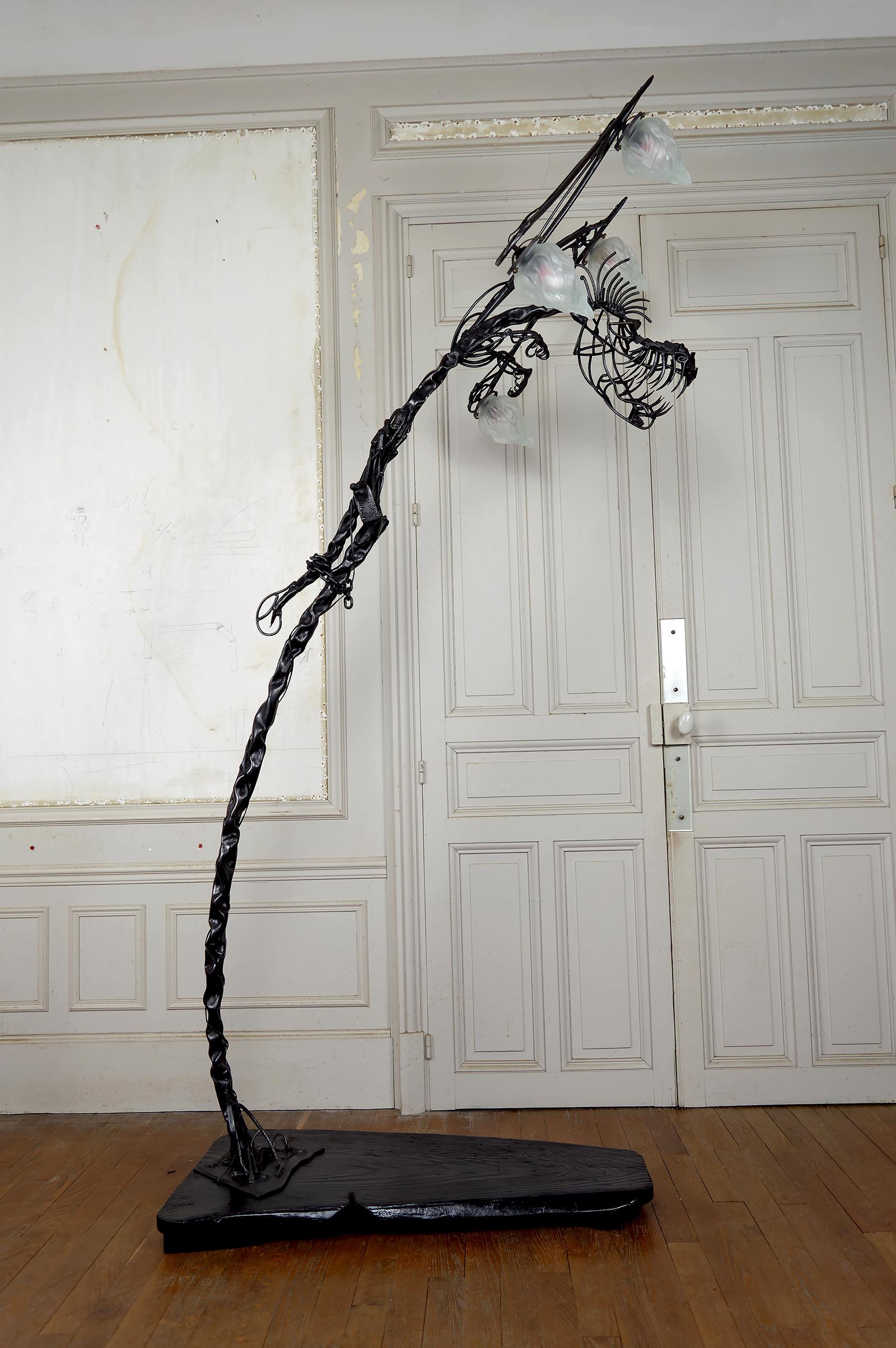 Blackened Important Brutalist Sculptural Dragon Lamp in Wrought Iron, France, 1970's For Sale