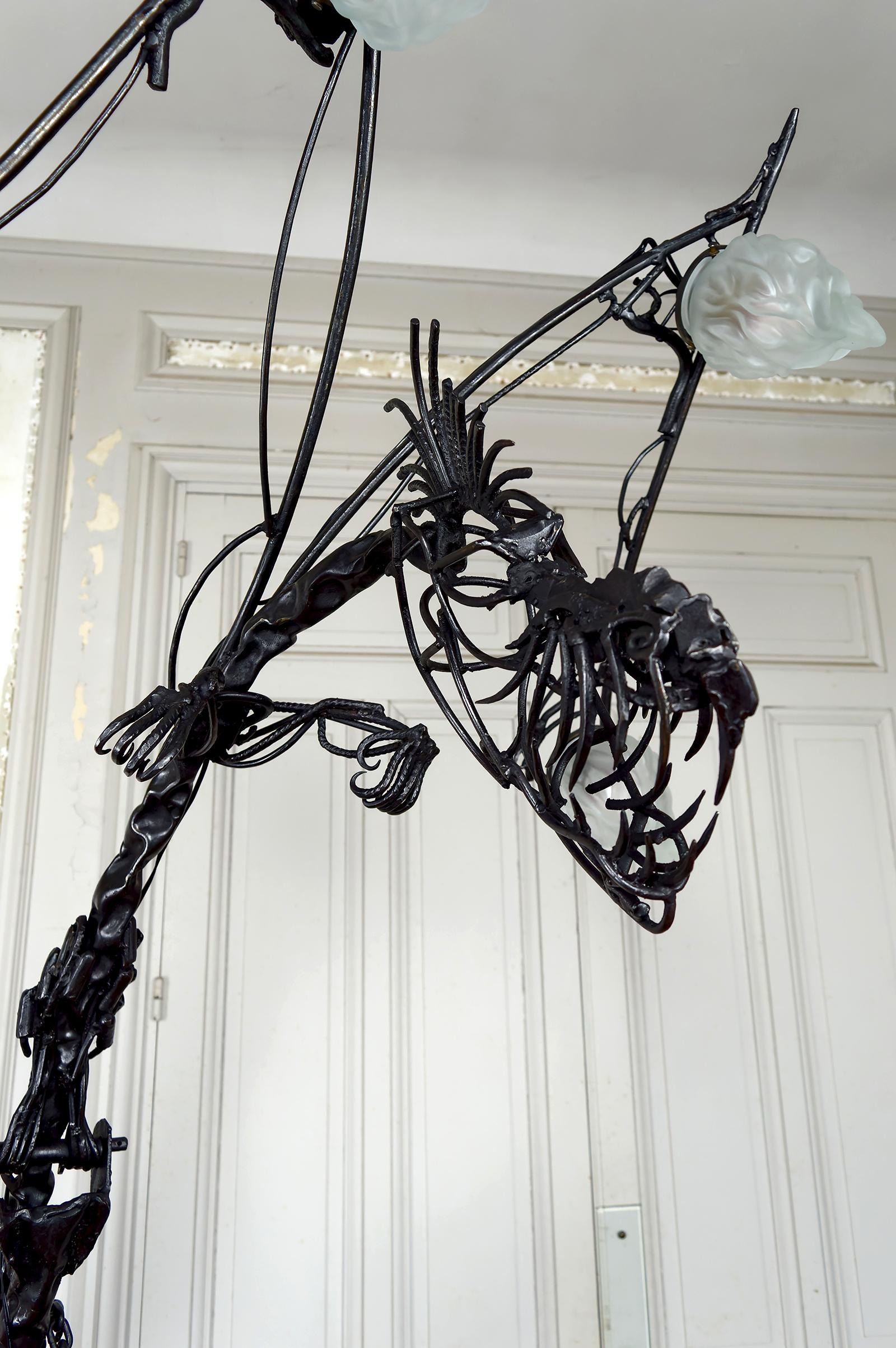 Important Brutalist Sculptural Dragon Lamp in Wrought Iron, France, 1970's For Sale 2