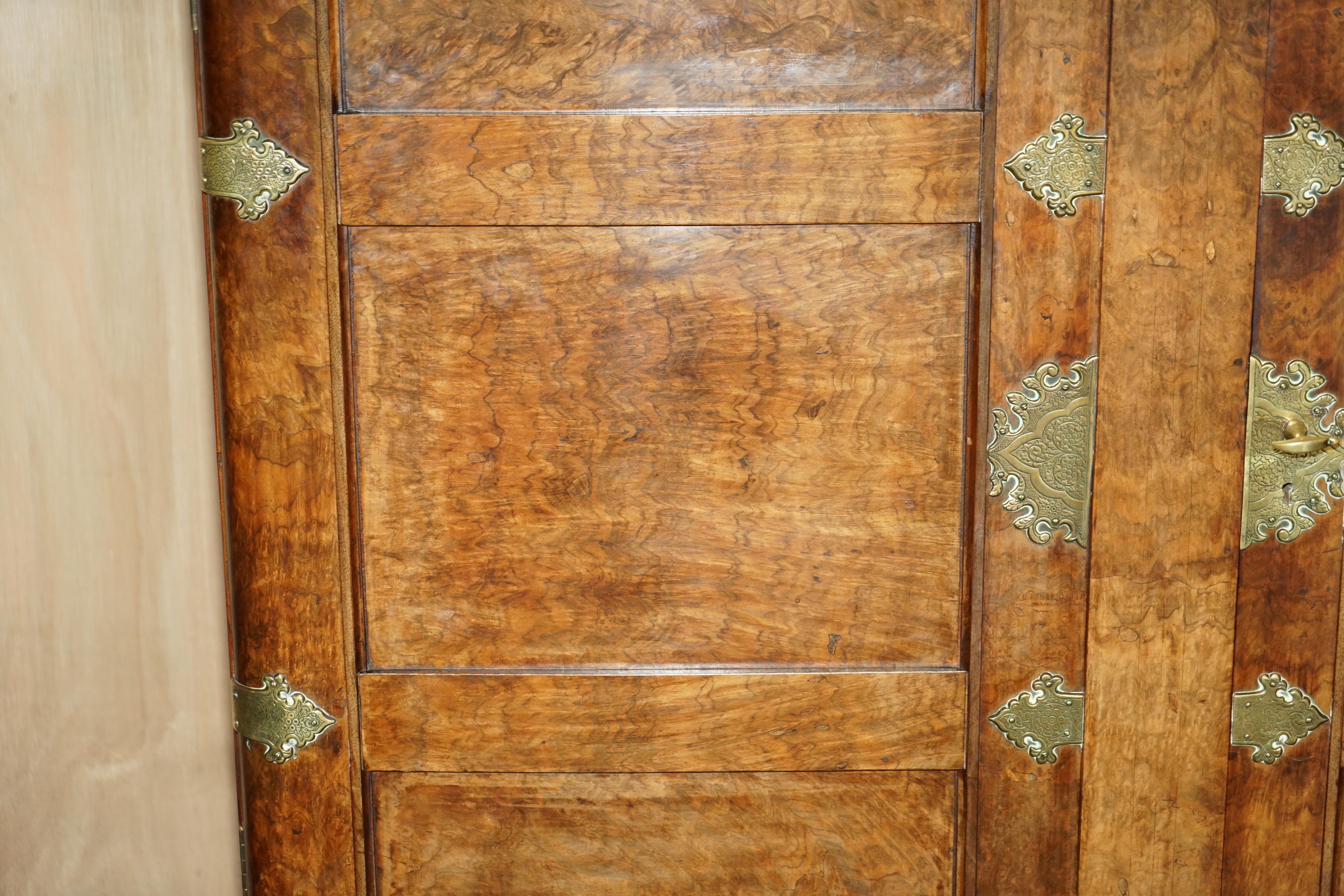 19th Century Important Burr & Burl Gothic Antique Wardrobe Oversized Polished Brass Fittings For Sale