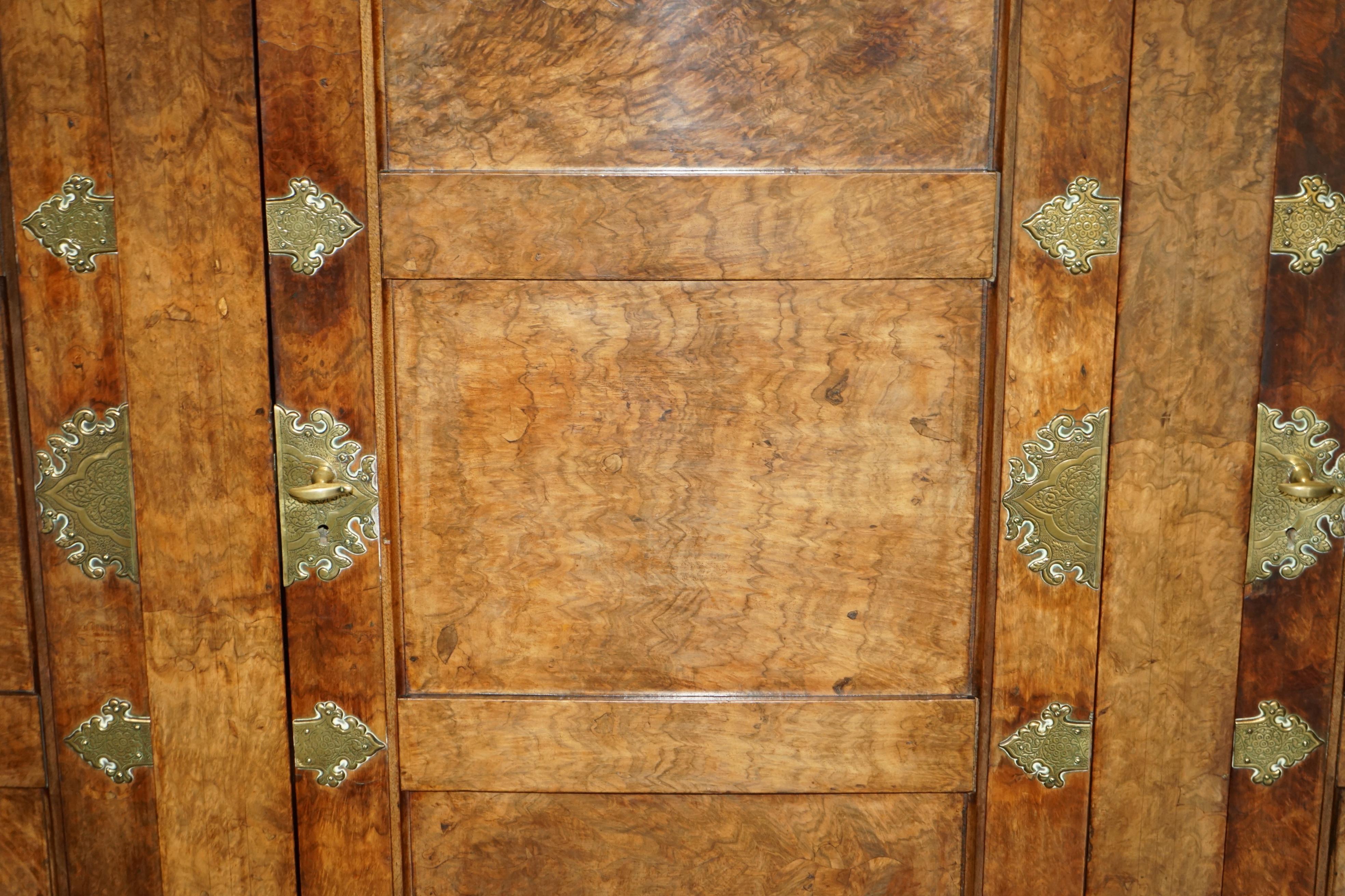 Important Burr & Burl Gothic Antique Wardrobe Oversized Polished Brass Fittings For Sale 1
