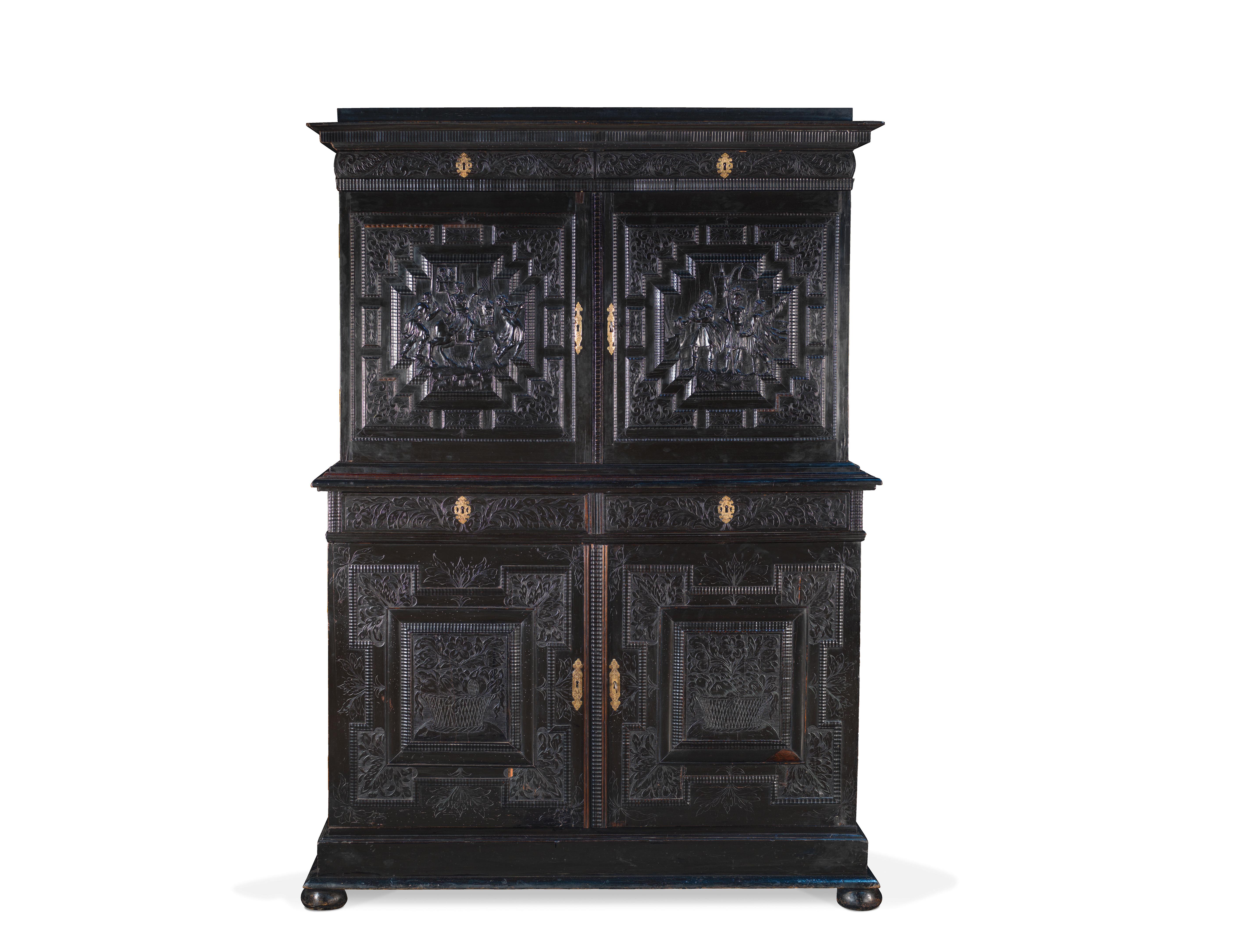 IMPORTANT CABINET WITH TWO BODY IN BLACKENED WOOD CARVED AND ENGRAVED 

ORIGIN: FRANCE
PERIOD: 17TH CENTURY

Height: 188 cm
Width: 135 cm
Depth: 53.5 cm	

Blackened wood and veneer: rosewood, ebony, pear, mahogany
Framed in oak wood

A real