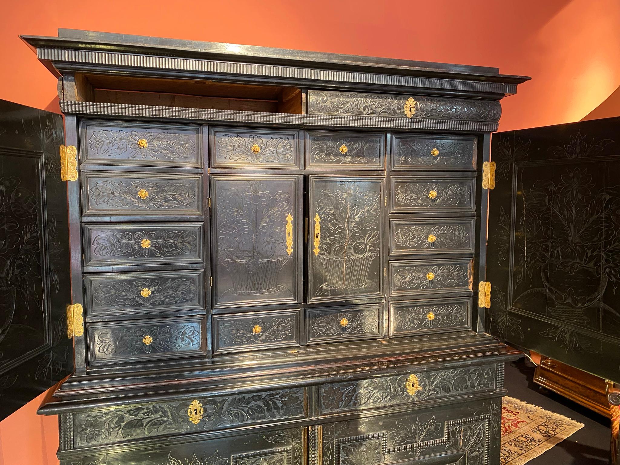 Important Cabinet with Two Body in Blackened Wood Carved and Engraved For Sale 1