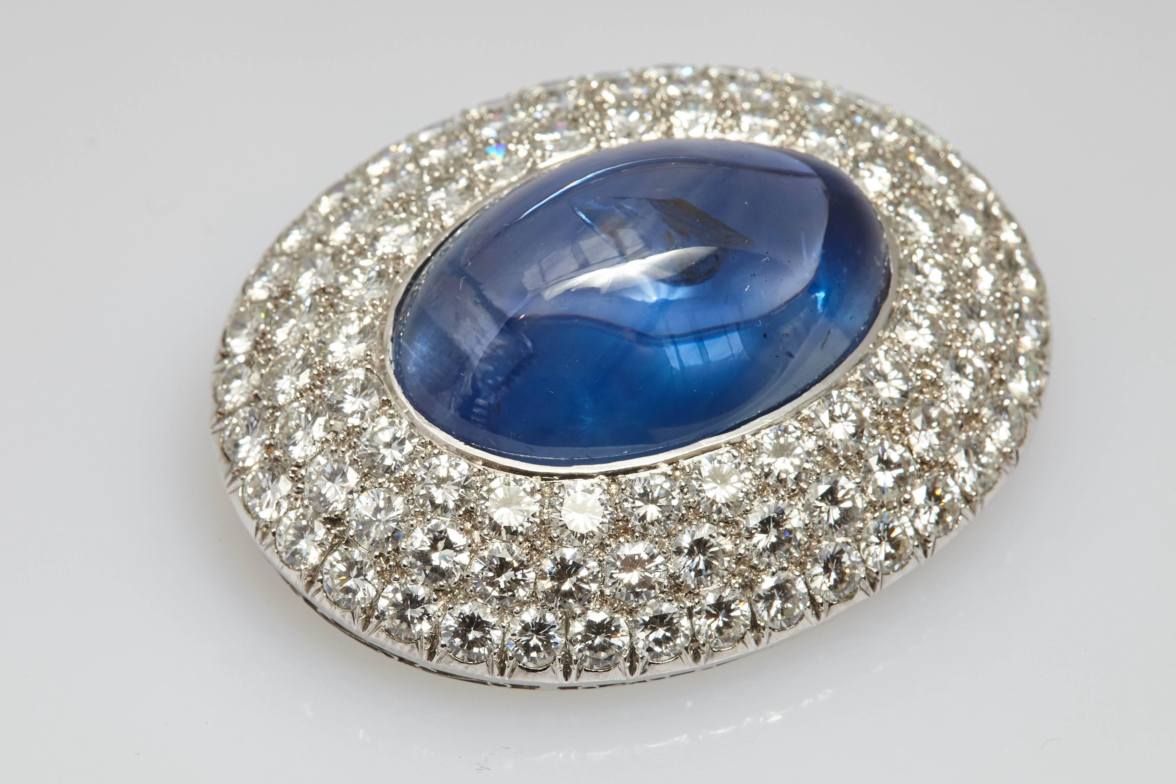 Oval Cut Important Cabochon Sapphire and Diamond Brooch For Sale