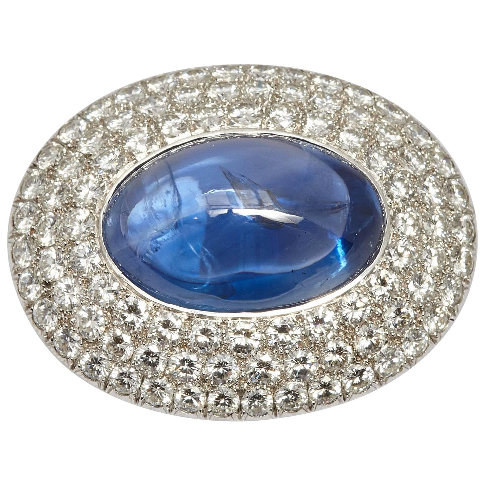 Important Cabochon Sapphire and Diamond Brooch For Sale