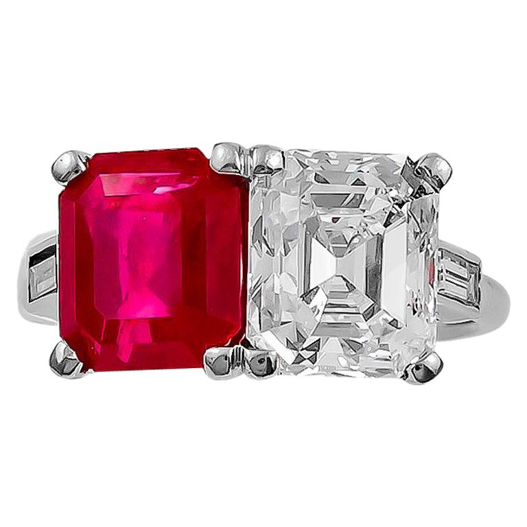 Important Cartier Emerald-Cut Diamond and Burma Ruby Ring