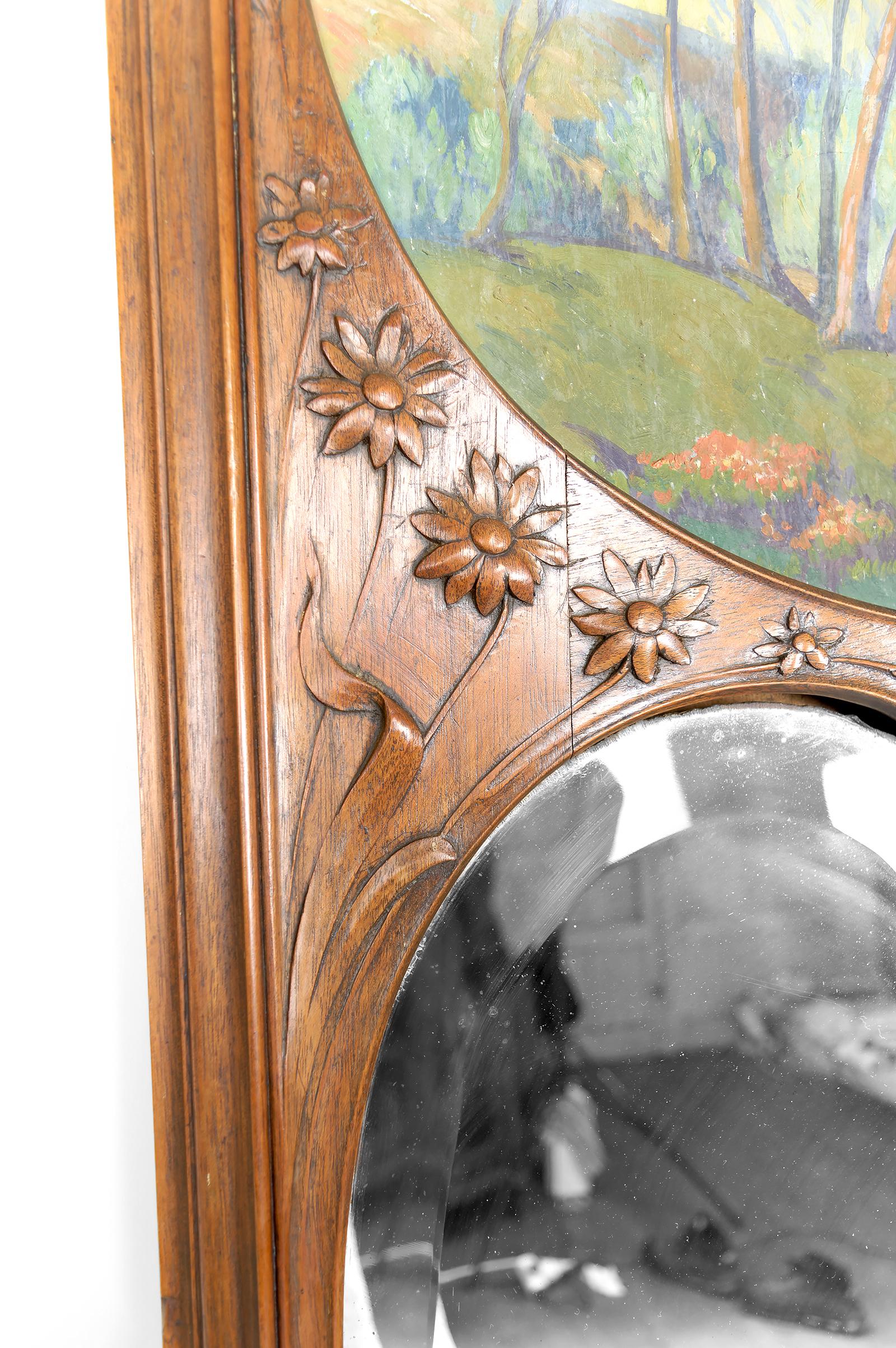 Importante specchio Trumeau in noce intagliato, Art Nouveau, Francia, Circa 1900 in vendita 4