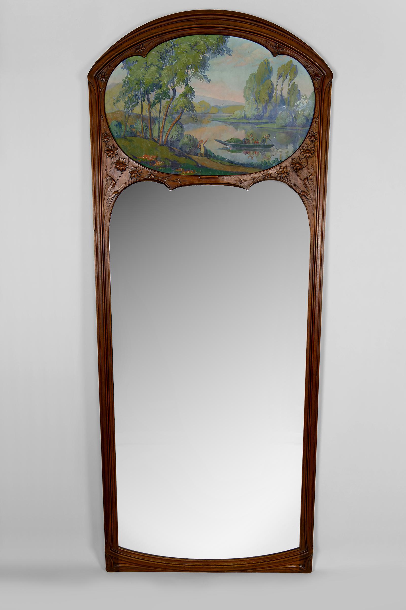 Importante specchio Trumeau in noce intagliato, Art Nouveau, Francia, Circa 1900

Siamo lieti di presentare questo immenso specchio da camino o trumeau, un pezzo eccezionale risalente al periodo Art Nouveau. 

Questo straordinario specchio, una vera