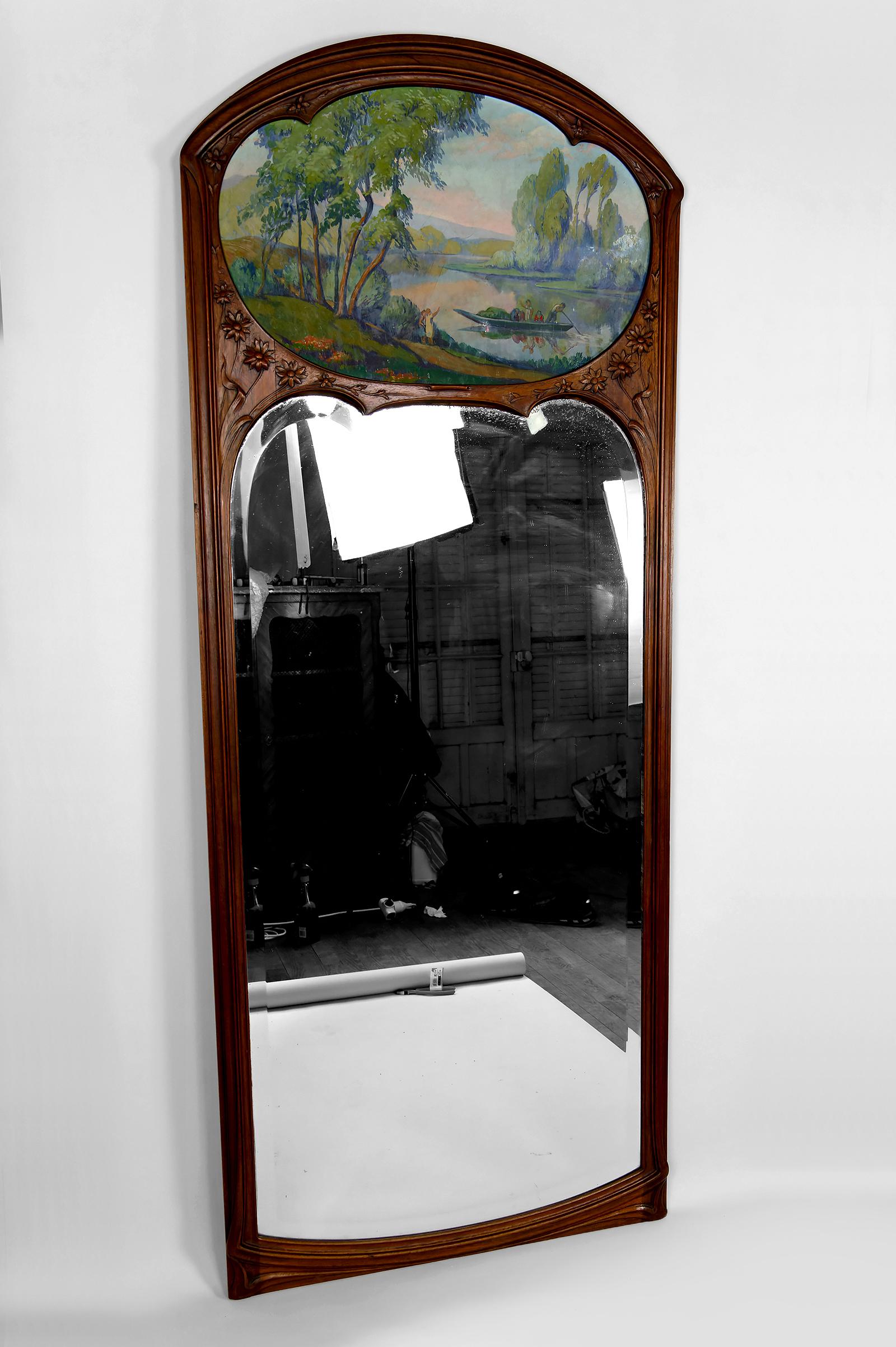 Francese Importante specchio Trumeau in noce intagliato, Art Nouveau, Francia, Circa 1900 in vendita