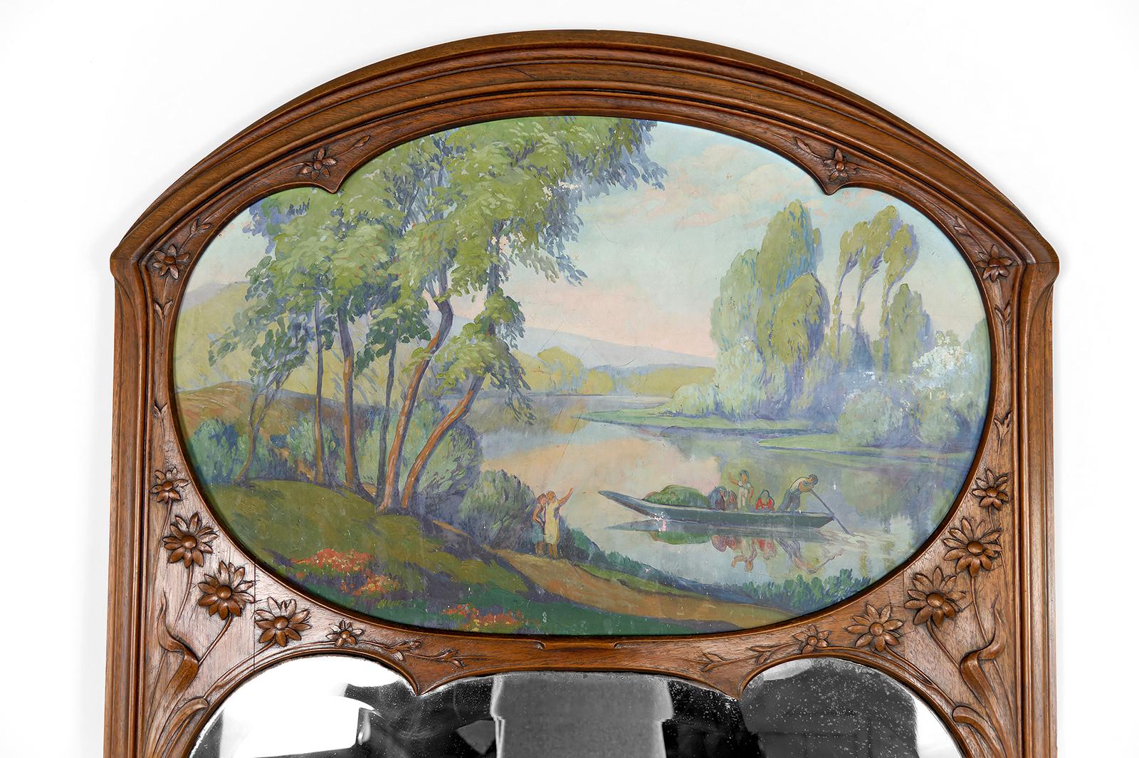 Importante specchio Trumeau in noce intagliato, Art Nouveau, Francia, Circa 1900 In condizioni buone in vendita a VÉZELAY, FR