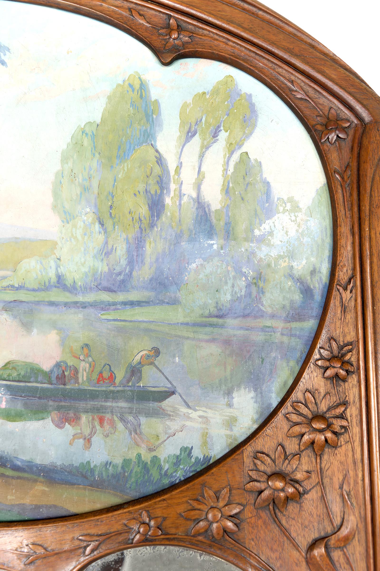 Inizio XX secolo Importante specchio Trumeau in noce intagliato, Art Nouveau, Francia, Circa 1900 in vendita