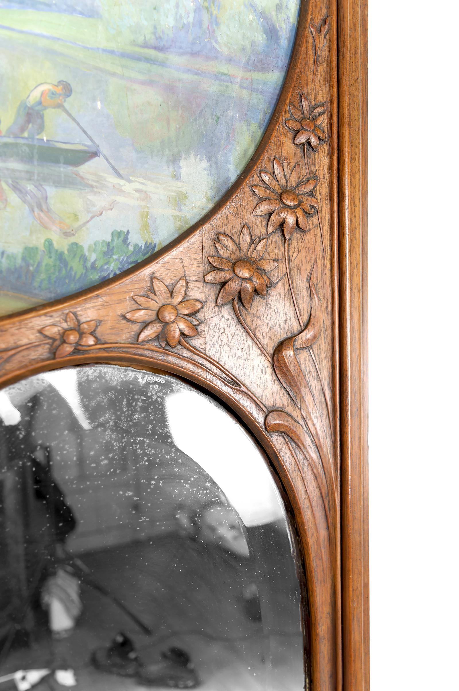 Importante specchio Trumeau in noce intagliato, Art Nouveau, Francia, Circa 1900 in vendita 2