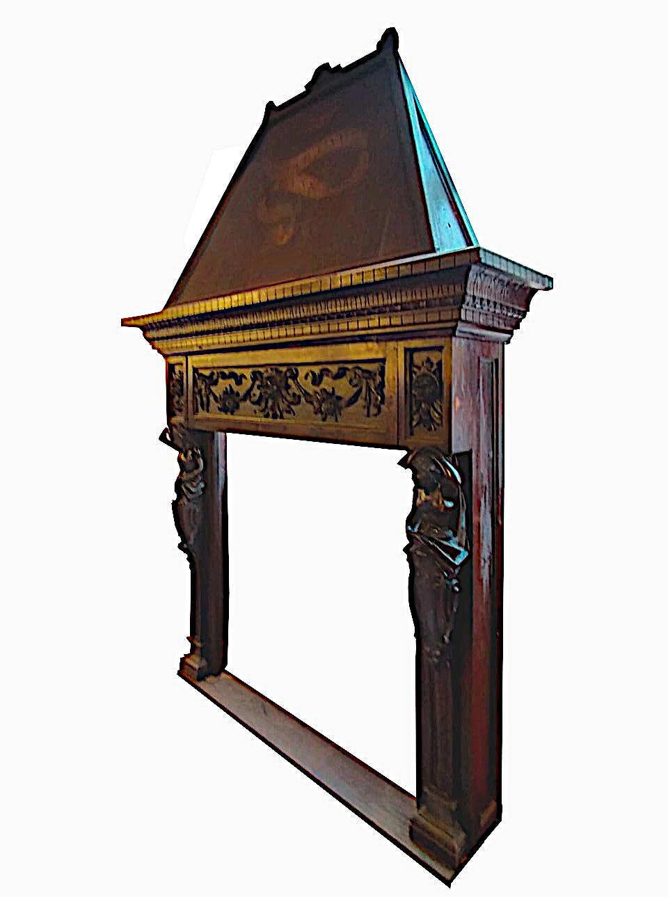 Important carved wooden fireplace, late 1800s.

The upper panel is painted and depicts laurel leaves and a cartouche with Latin inscription LAETIOR ELVXERIT IGNIS (the fire will shine happier).

Measures: H. cm 310 - Maximum width cm 203 - Depth