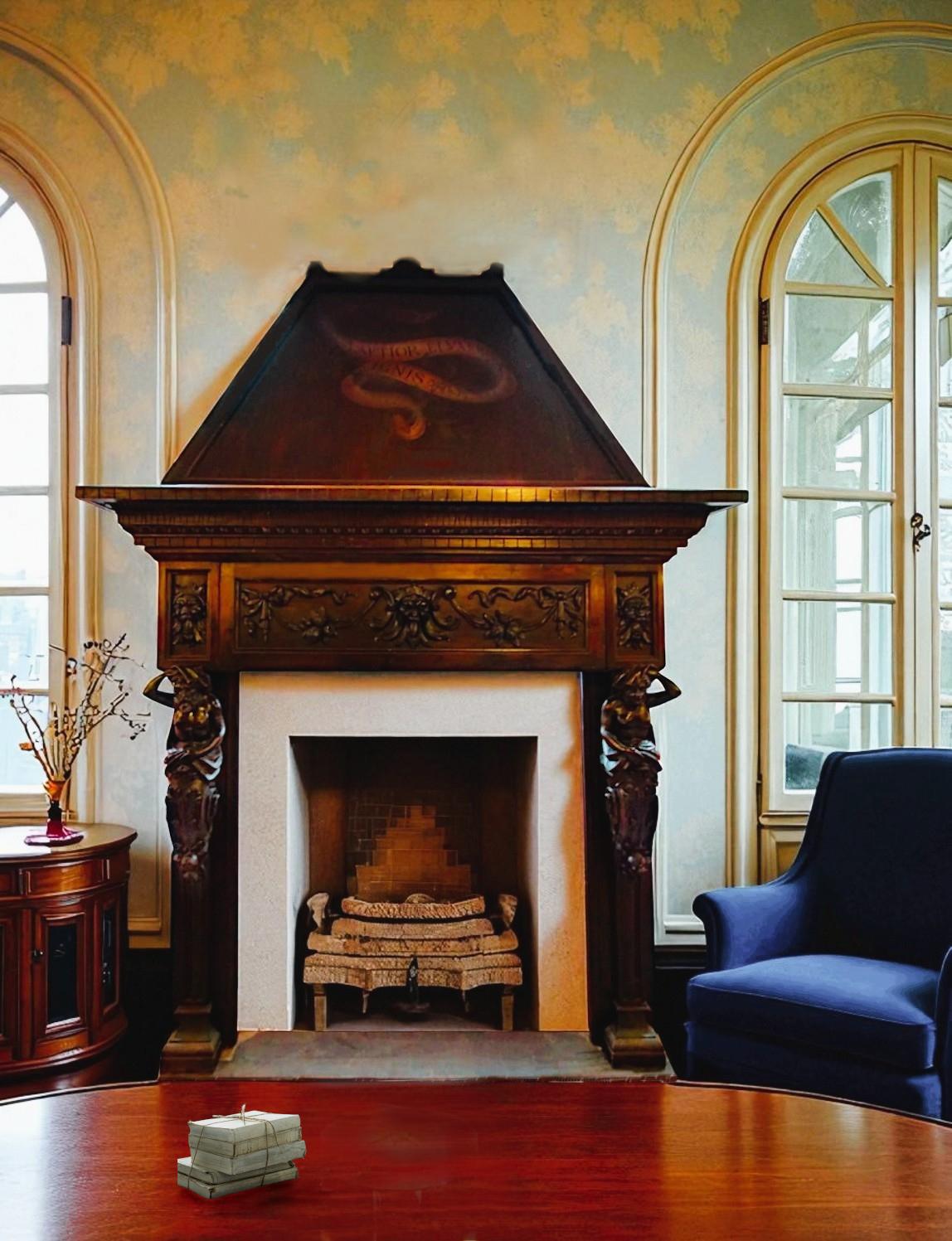 Important carved wooden fireplace, late 1800s.

The upper panel is painted and depicts laurel leaves and a cartouche with Latin inscription LAETIOR ELVXERIT IGNIS (the fire will shine happier).

Measures: H. cm 310 - Maximum width cm 203 - Depth