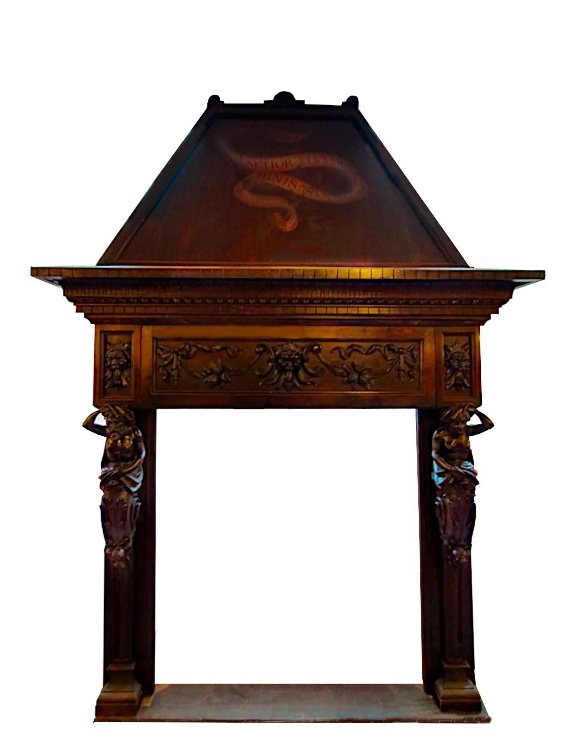 Italian Important Carved Wooden Fireplace, Late 1800s For Sale