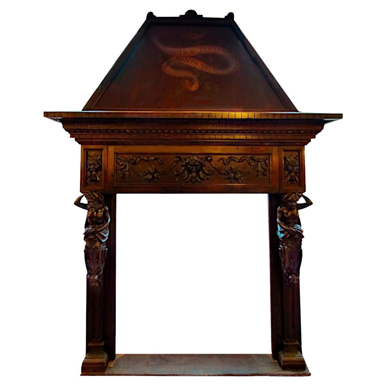 Important Carved Wooden Fireplace, Late 1800s For Sale