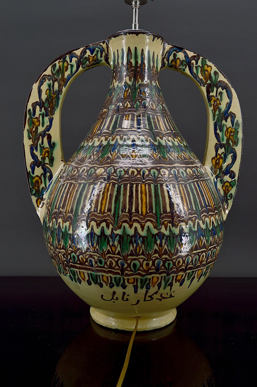 Important ceramic vase mounted as a lamp, By El-Kharraz, Nabeul, Tunisia, 1900's For Sale 3