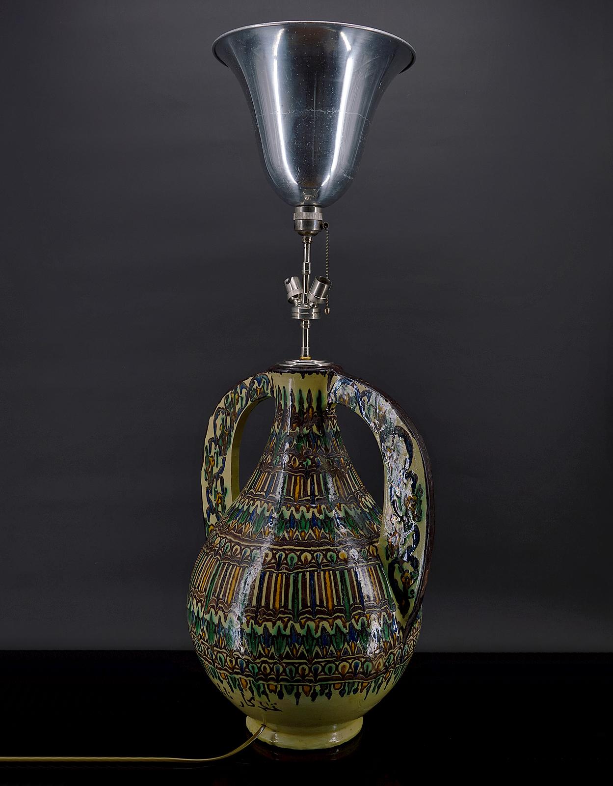 Moorish Important ceramic vase mounted as a lamp, By El-Kharraz, Nabeul, Tunisia, 1900's For Sale