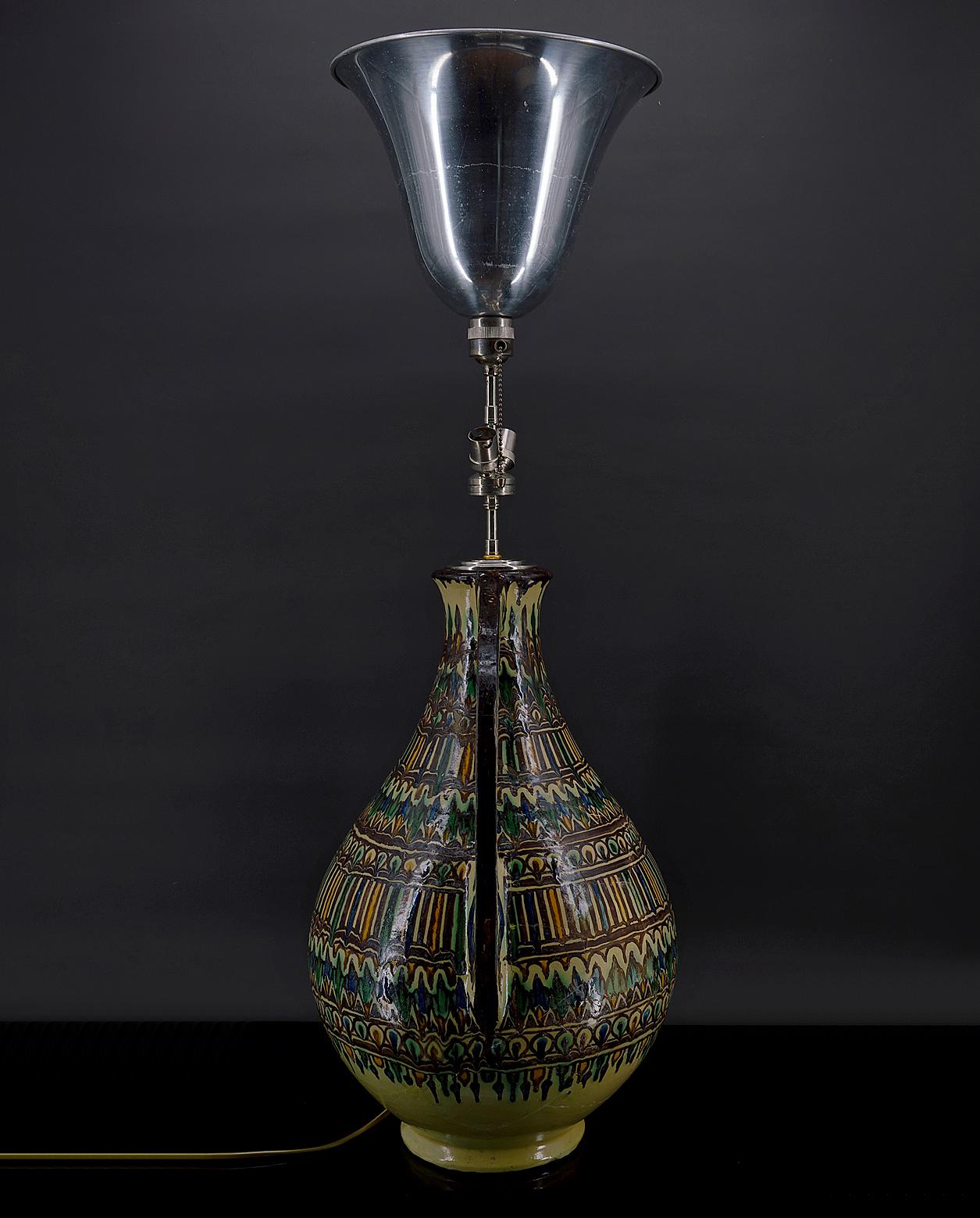 Tunisian Important ceramic vase mounted as a lamp, By El-Kharraz, Nabeul, Tunisia, 1900's For Sale
