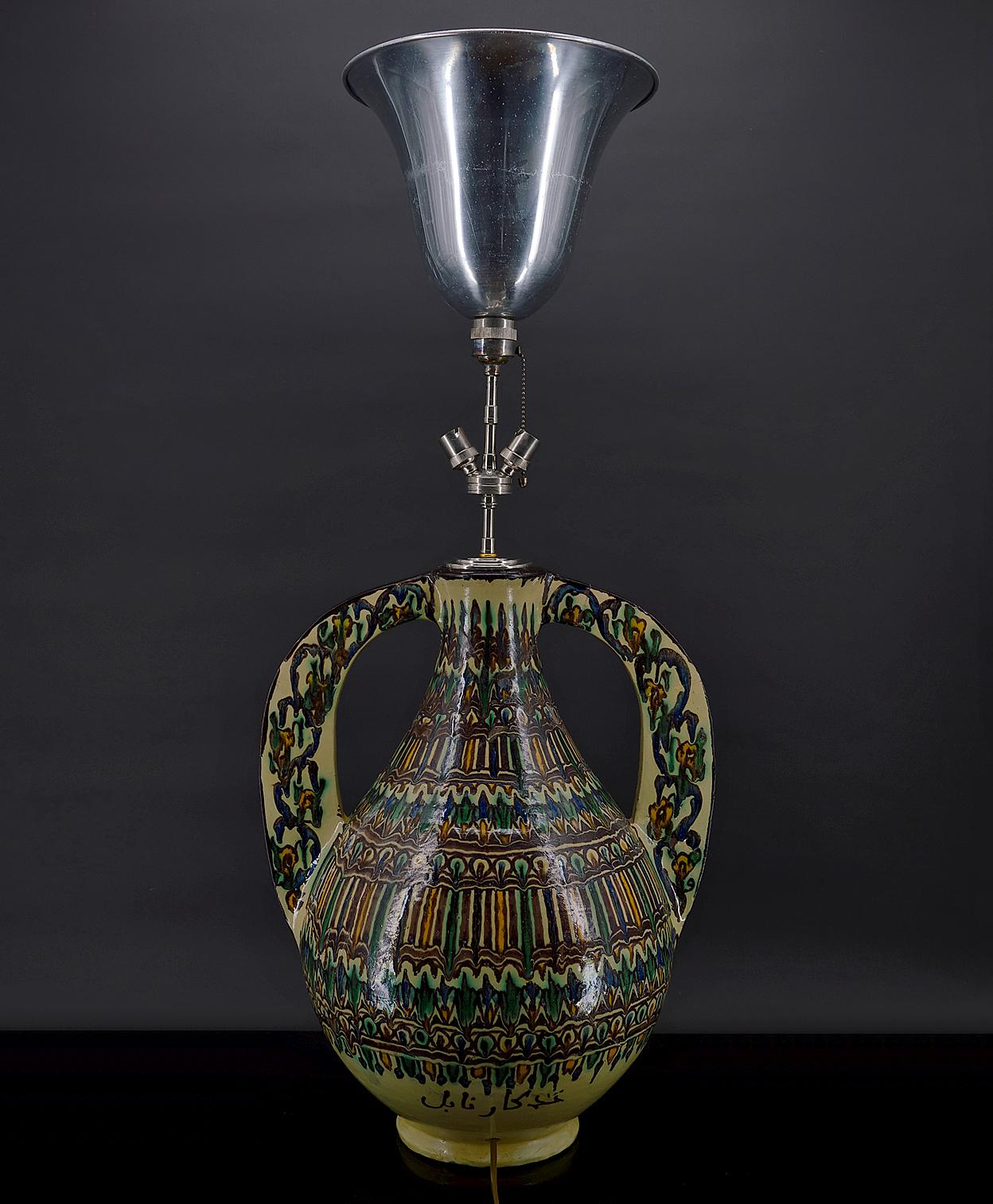 20th Century Important ceramic vase mounted as a lamp, By El-Kharraz, Nabeul, Tunisia, 1900's For Sale