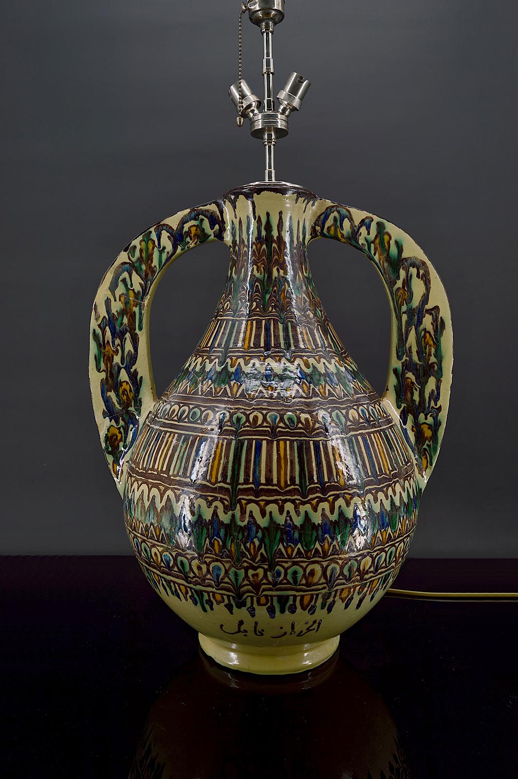Ceramic Important ceramic vase mounted as a lamp, By El-Kharraz, Nabeul, Tunisia, 1900's For Sale