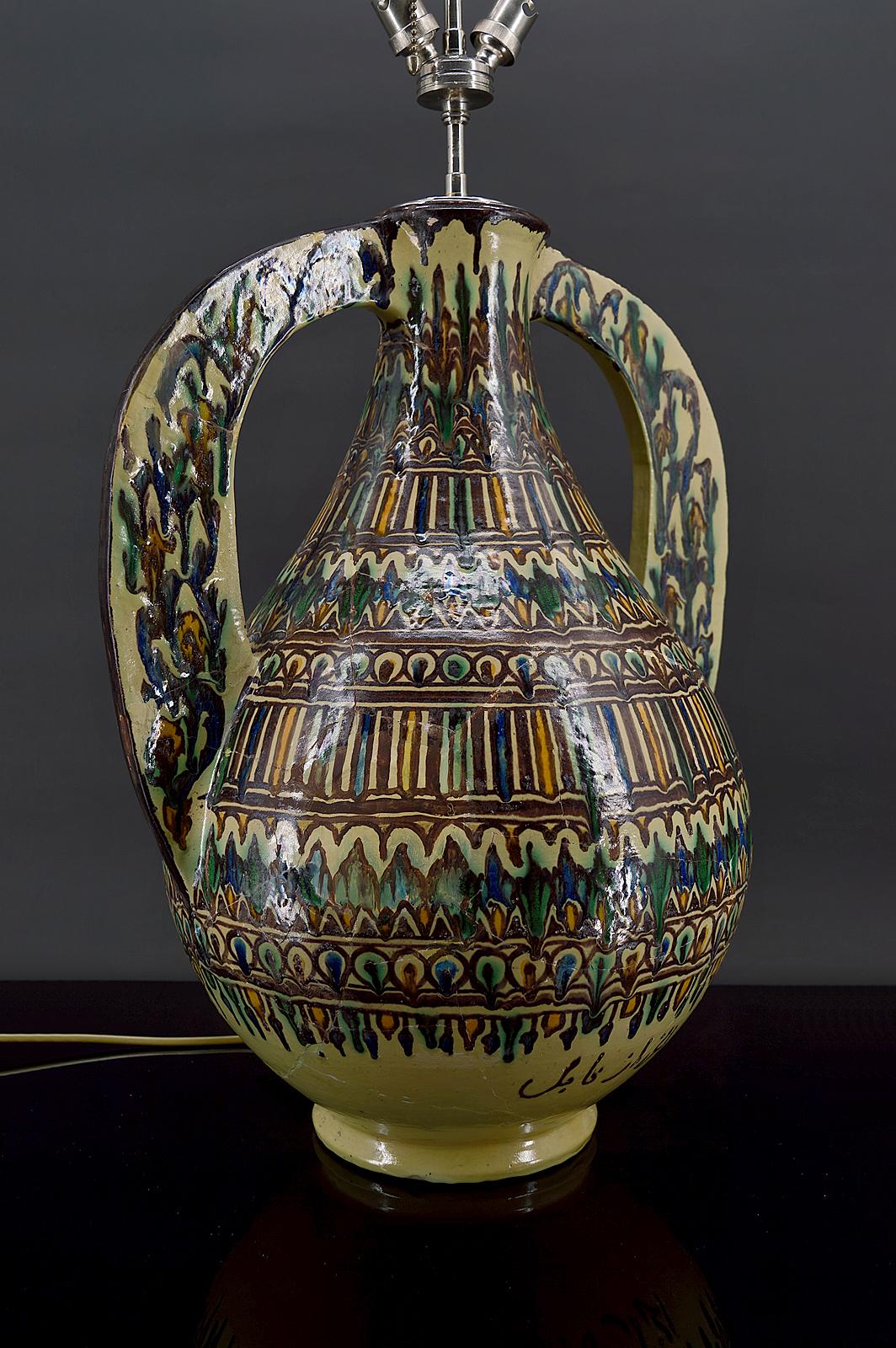 Important ceramic vase mounted as a lamp, By El-Kharraz, Nabeul, Tunisia, 1900's For Sale 2