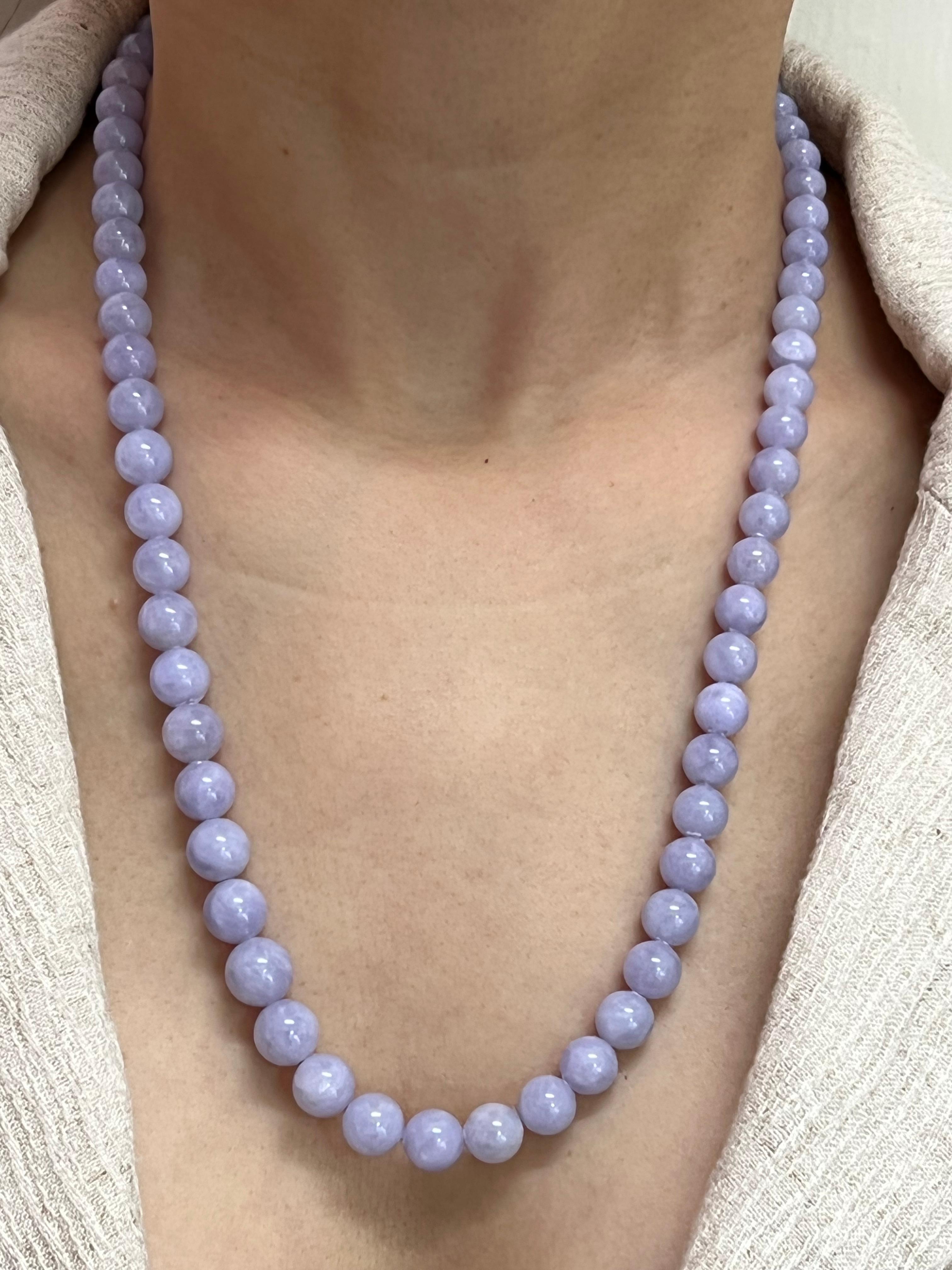 Please check out the HD video! For your consideration is an important natural lavender jade and diamond necklace. Natural Lavender jade beads of this color is rare and not often seen. There are 67 jade beads ranging from 6.4mm - 10.10mm in size.