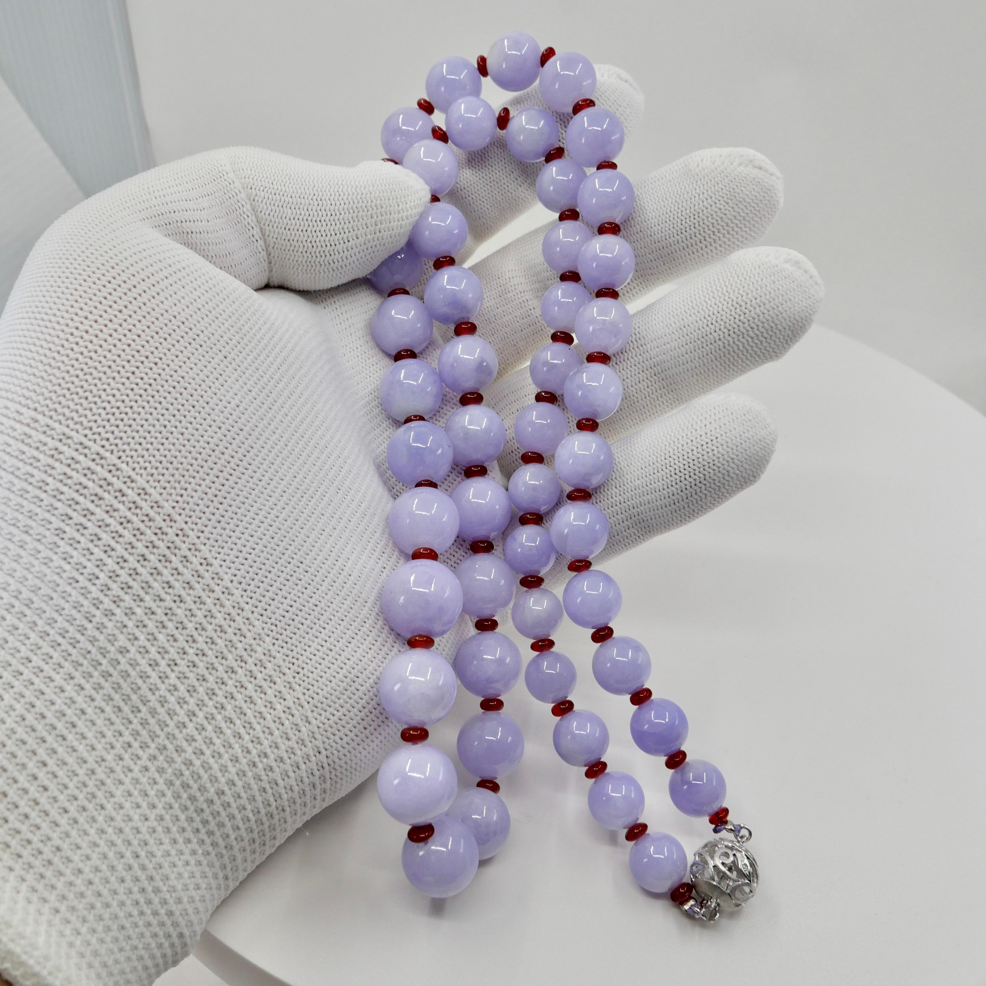 Important Certified 500 Carats Lavender Jade Beads, Red Agate & Diamond Necklace 12