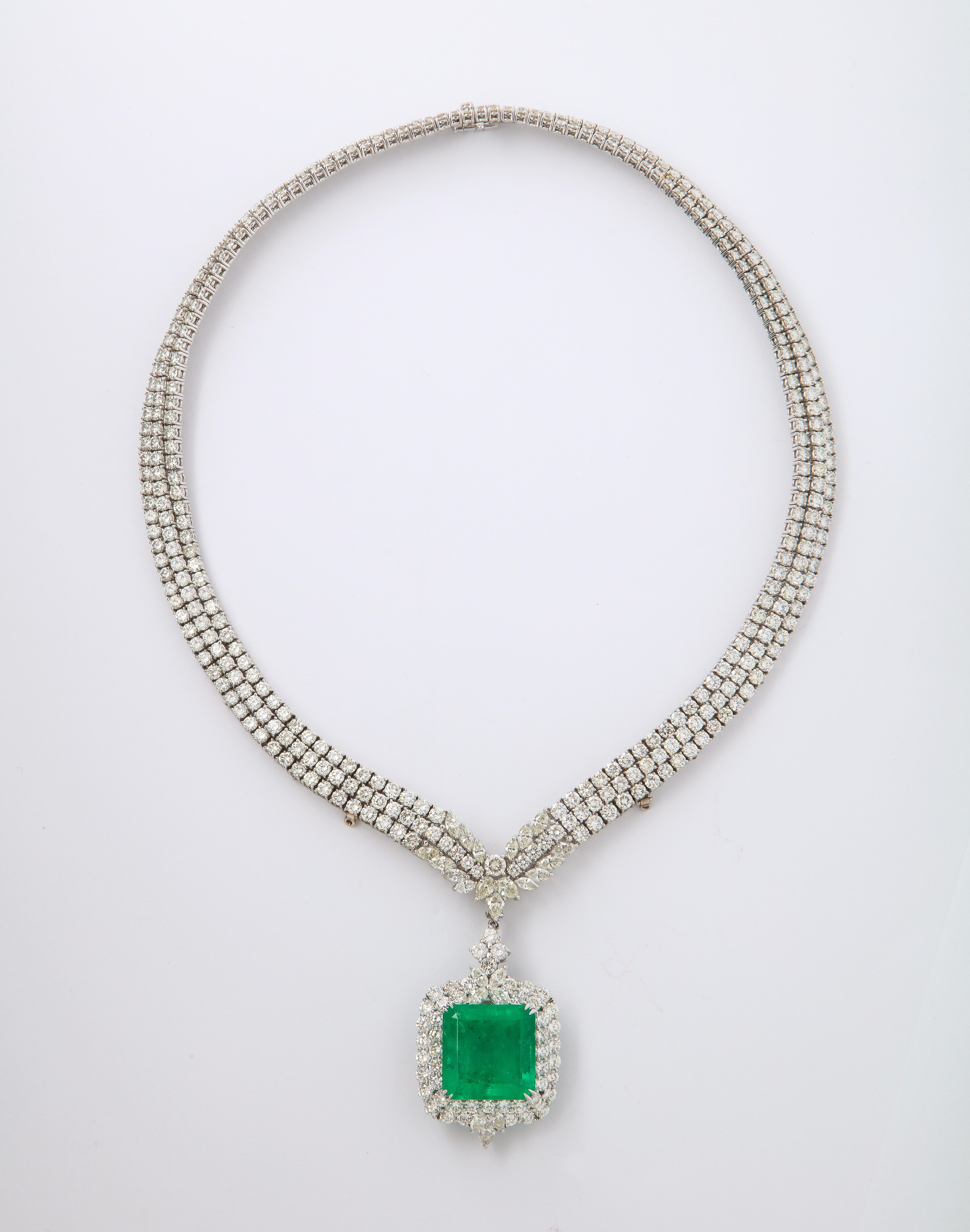 Radiant Cut Certified Colombian Emerald and Diamond Necklace For Sale