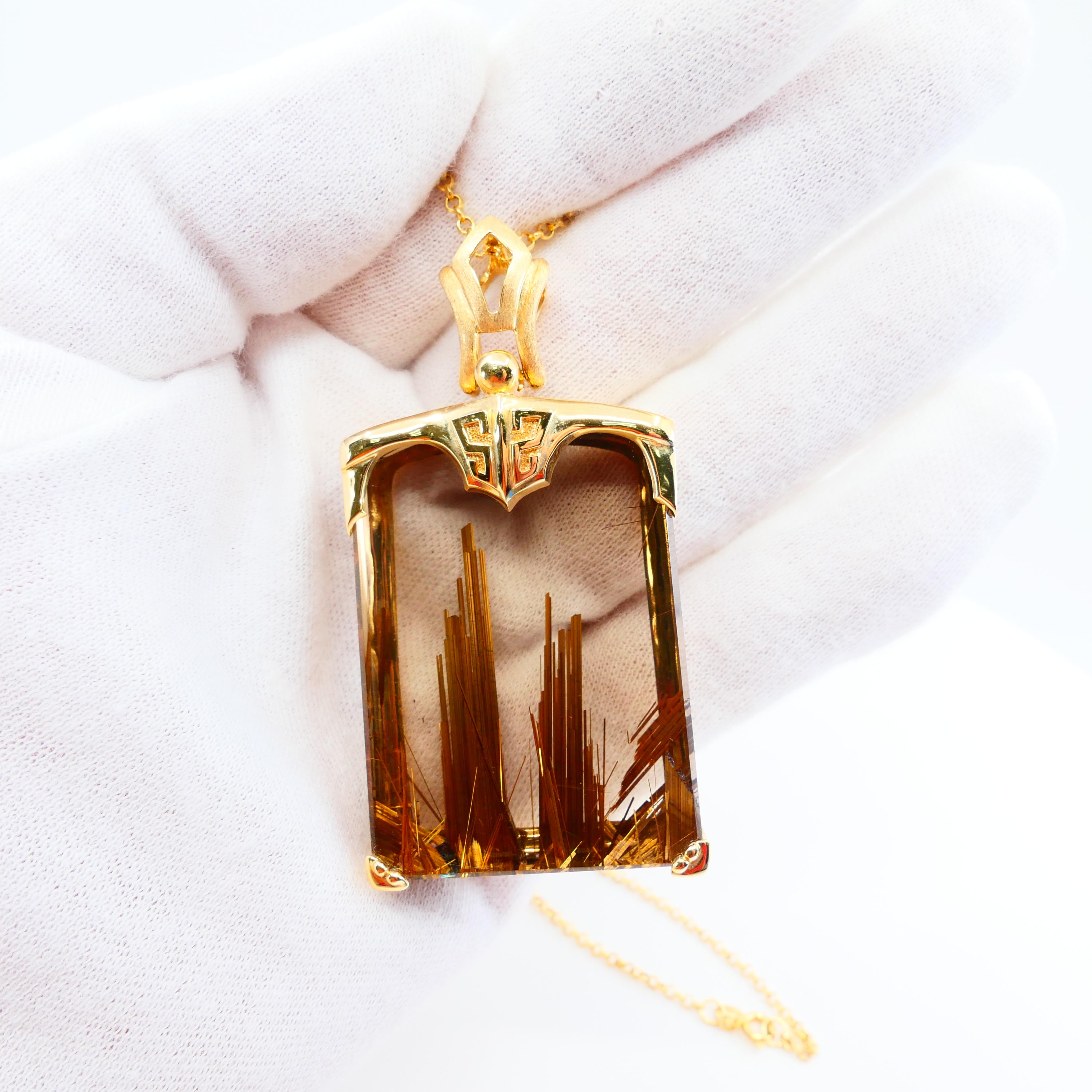 Important Certified Golden Rutile Quartz Pendant Necklace, Statement Piece For Sale 4