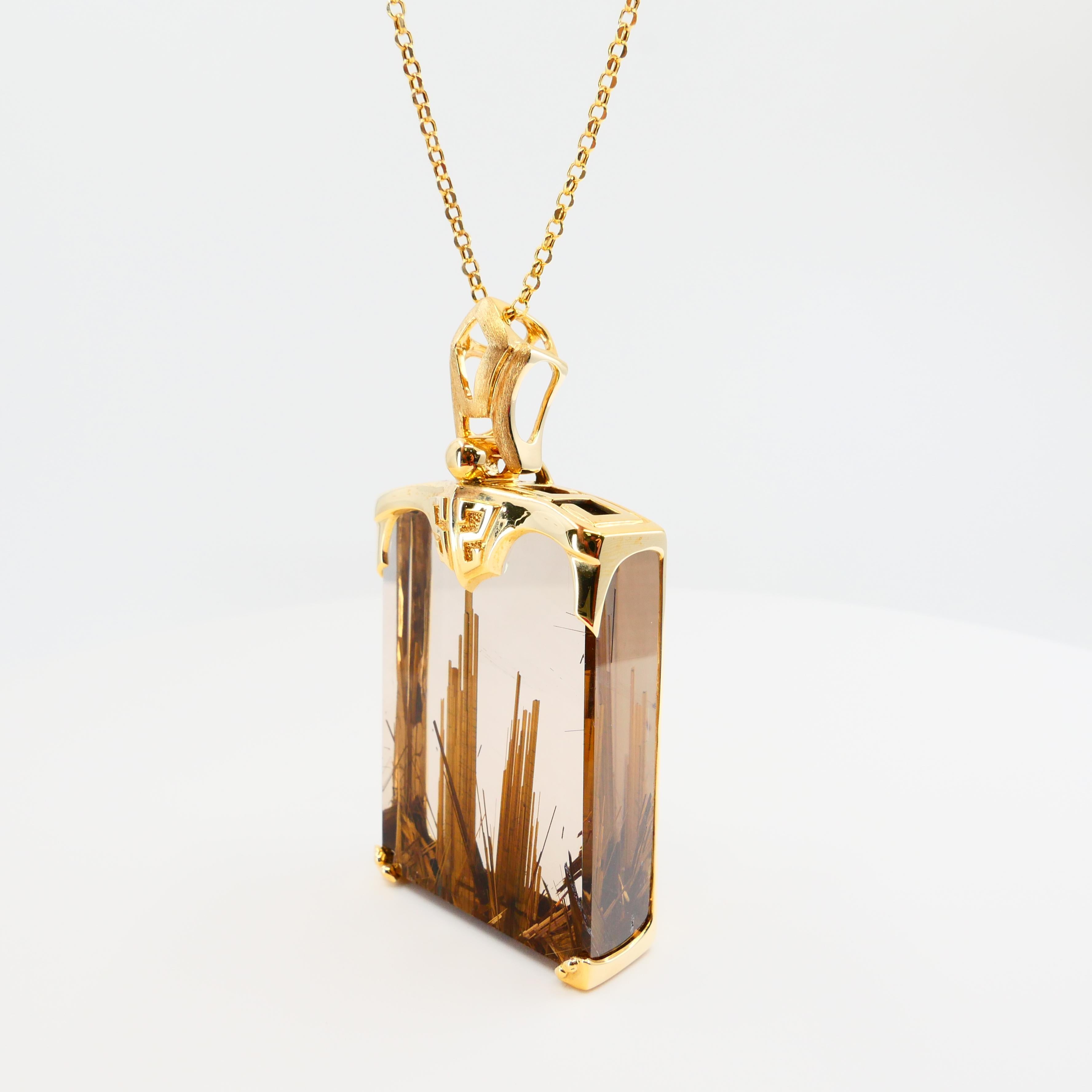 Emerald Cut Important Certified Golden Rutile Quartz Pendant Necklace, Statement Piece For Sale