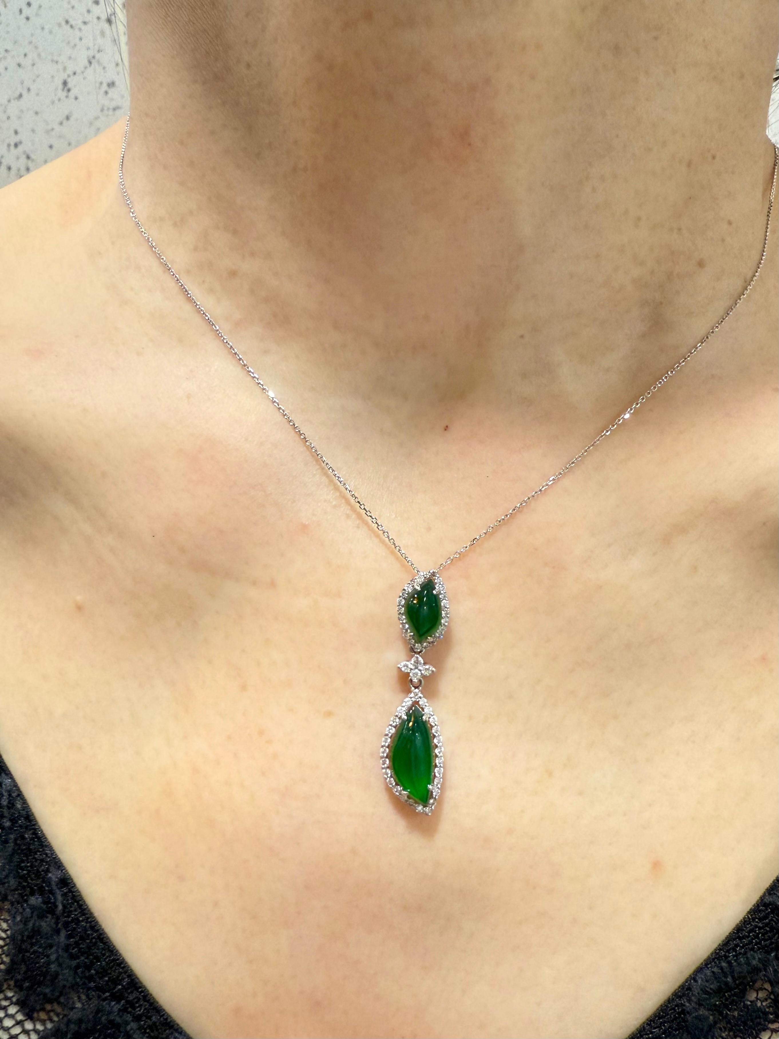Important Certified Imperial Green Jade & Diamond Pendant Necklace. Super Glow! For Sale 4