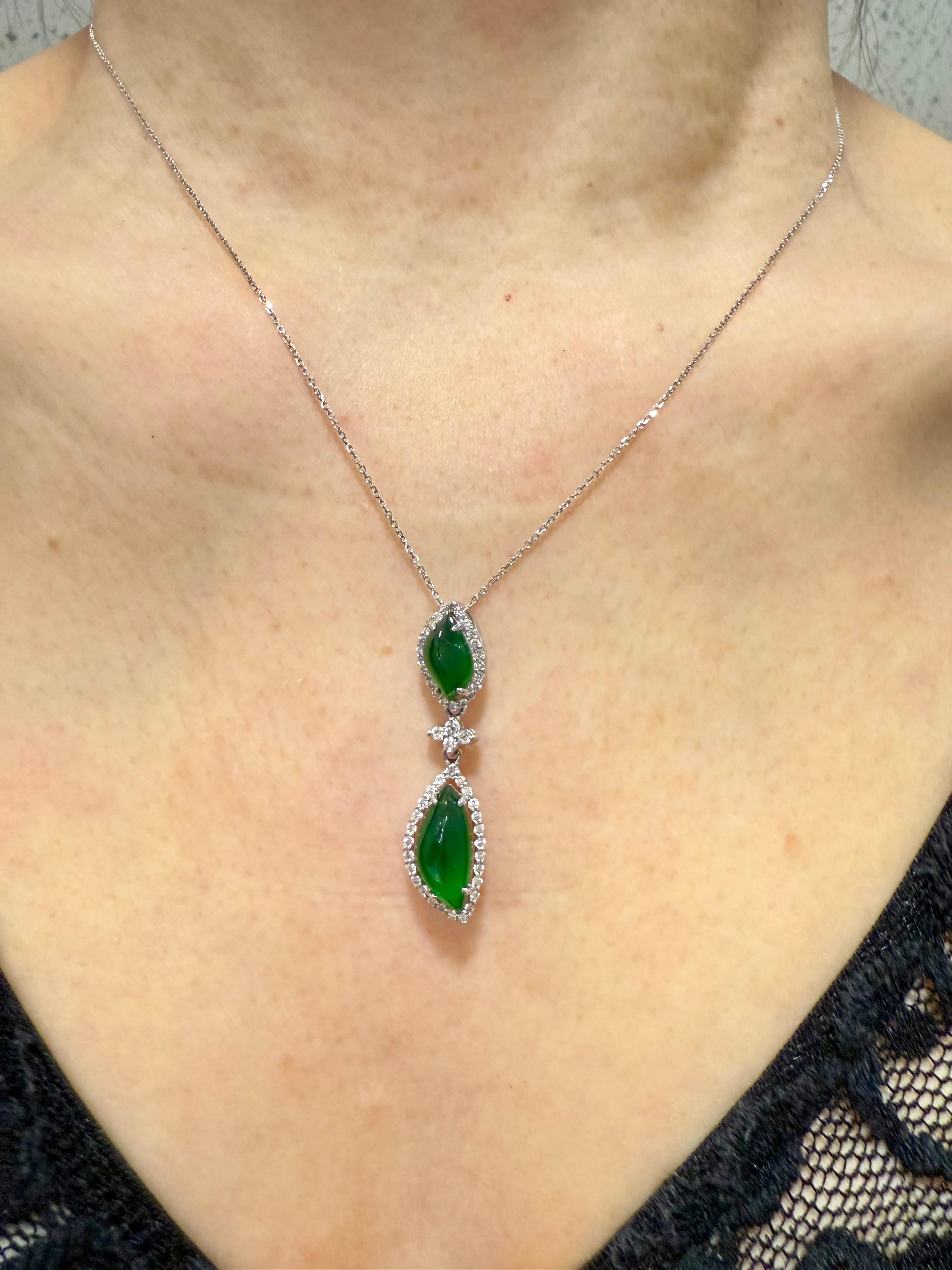 Important Certified Imperial Green Jade & Diamond Pendant Necklace. Super Glow! For Sale 7