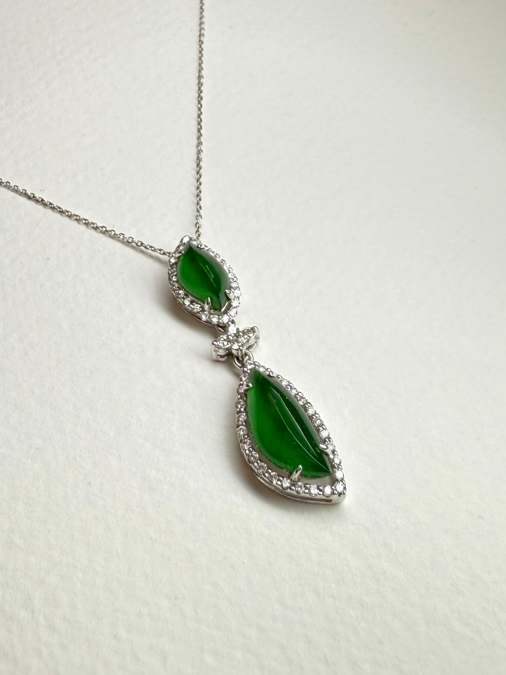 Important Certified Imperial Green Jade & Diamond Pendant Necklace. Super Glow! For Sale 8